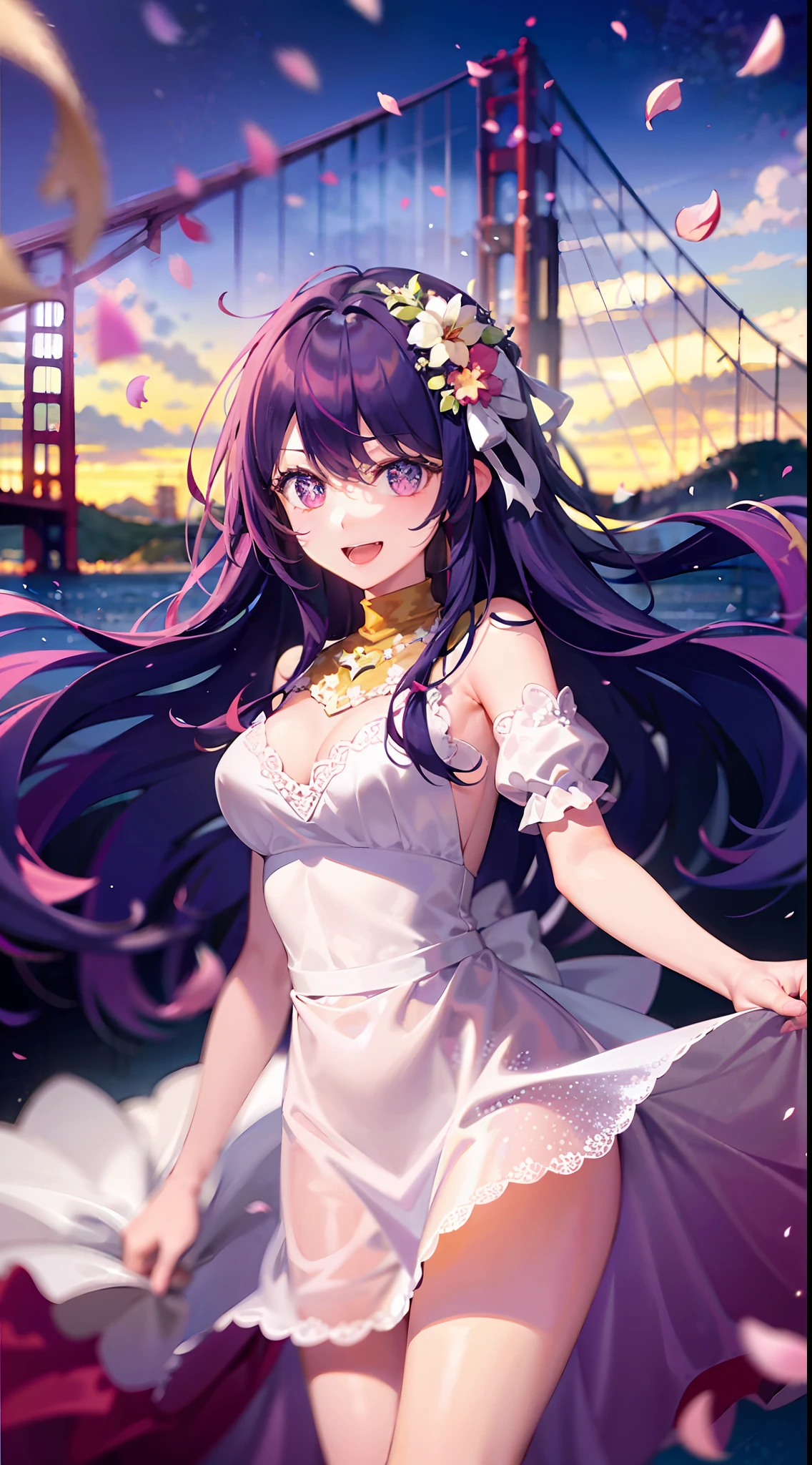 1girll,((There is a five-pointed star in the eye))Gorgeous Hair in Long Purple,(wedding gown),falling flower petals,On the Golden Gate Bridge,Smile,Open mouth