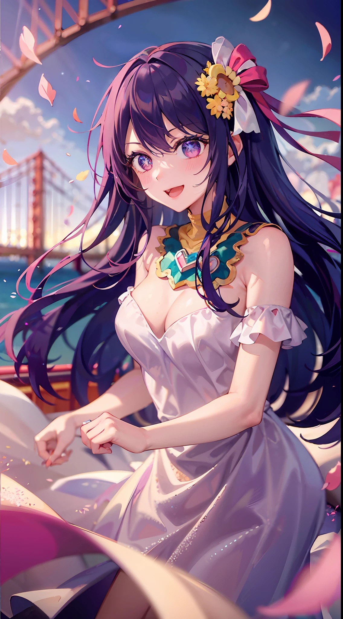 1girll,((There is a five-pointed star in the eye))Gorgeous Hair in Long Purple,(wedding gown),falling flower petals,On the Golden Gate Bridge,Smile,Open mouth