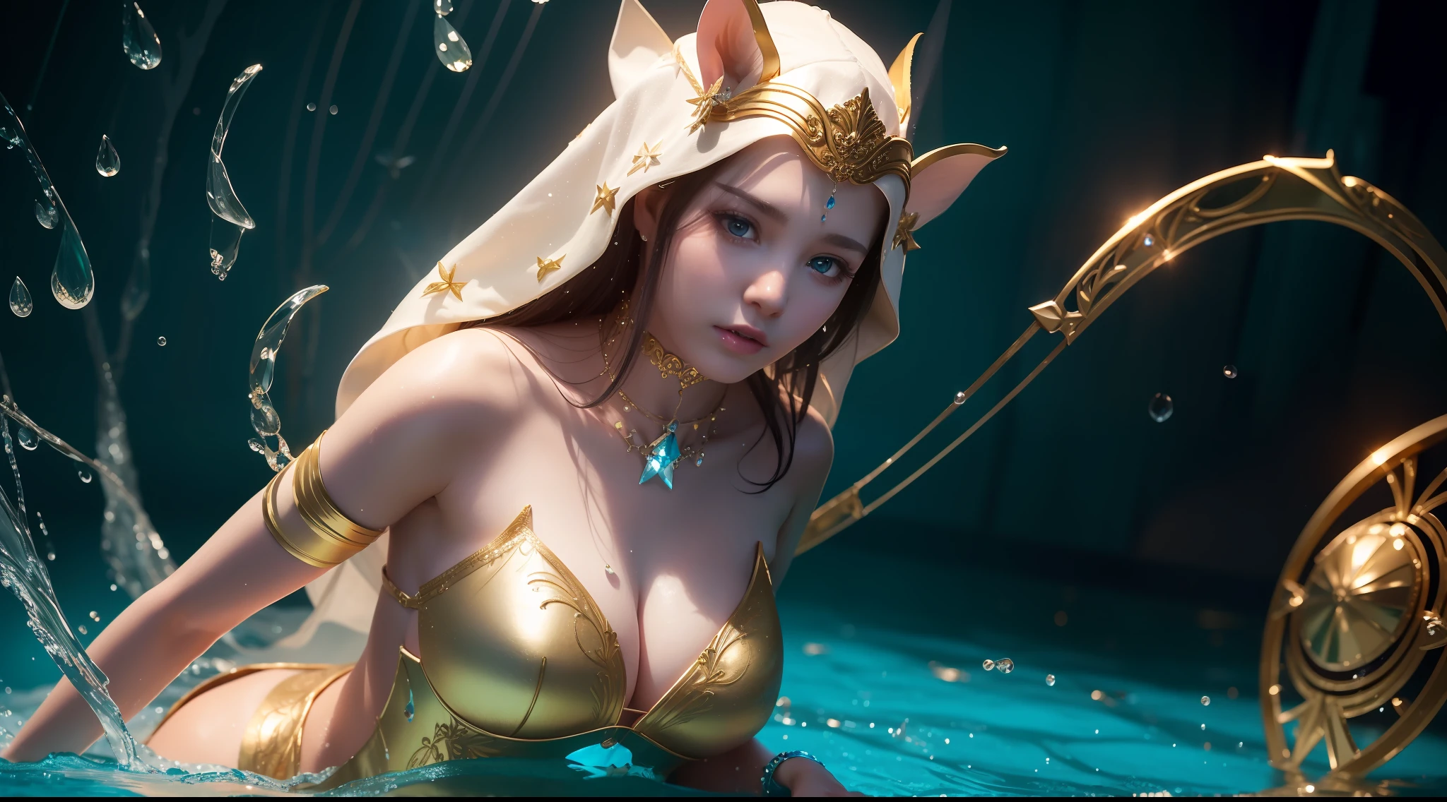 8K high quality wallpaper delicate water drops，Beautiful woman exposing bare shoulders from bathtub
Molding characteristics: Standing position
Elf ears
The hooded bow is seductive and energetic，Blurred，Extinction，Moving，tempt
The dress has gold edges, Star-shaped pupils, Hair ornaments, choker necklace, jewelry
Wavy detail hair