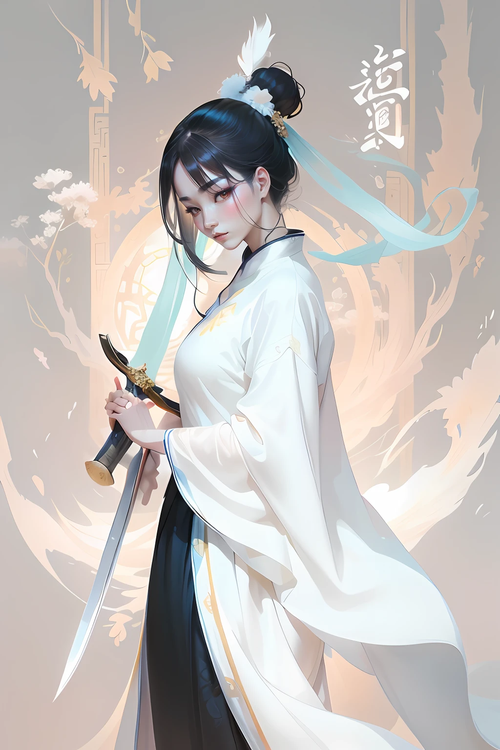 ancient chinese beauti,Hold a sword in hand,Wearing Chinese costumes,Flowing tulle,Light silk,Crane,Ink painting style,Clean colors,Decisive cut,Leave white space,impressionistic,tmasterpiece,Super verbose,Epic composition,high high quality,HighestQuali,4K --v 6