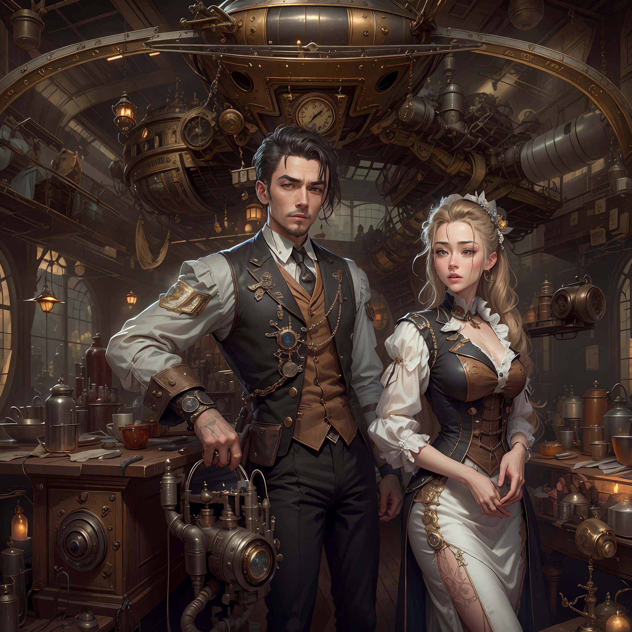 best qualtiy，tmasterpiece，超高分辨率，（realisticlying：1.4），absurderes，（ung couple repairing an airship in the manor，（Eye focus），sface focus, Clear facial features），（koh_amberheard：0.8），1 best long shot photo of Mechanical Airship Manor，Fantasy sci-fi vehicles，hyper realisitc，steampunc，Complex design，insanely details，finely detailled，Steampunk AI，1 couple doing business on the estate