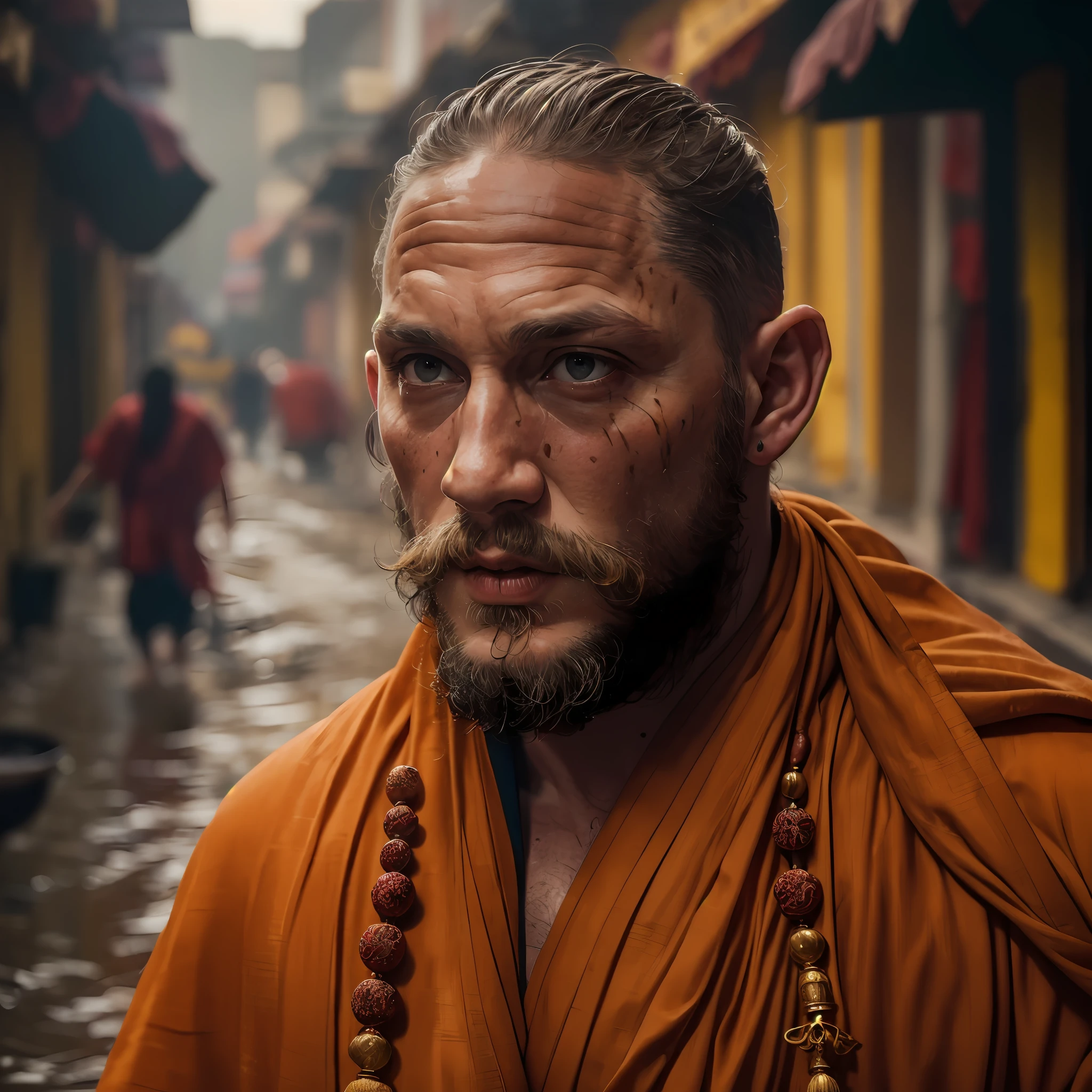 tom hardy, cinematic portrait photo of a very interesting tom hardy Wearing the saffron robes of a monk, Saffron clothes, Rudraksha beads, oblong water pot in hand (Kamandal), rudraksha in hand, walking in street of Banaras, eyes close up, highly detailed vfx portrait, taken with a full frame camera with a wild lens,