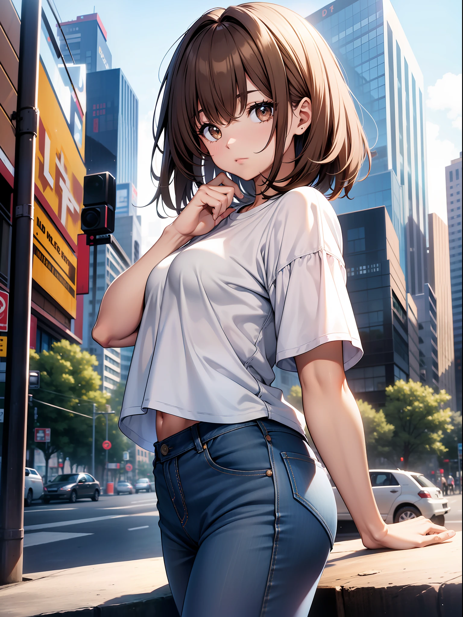 1girl, short brown hair, brown eyes, wearing plain white shirt, denim shorts, city, absurdres, high res, ultrasharp, 8k, masterpiece, looking at viewer