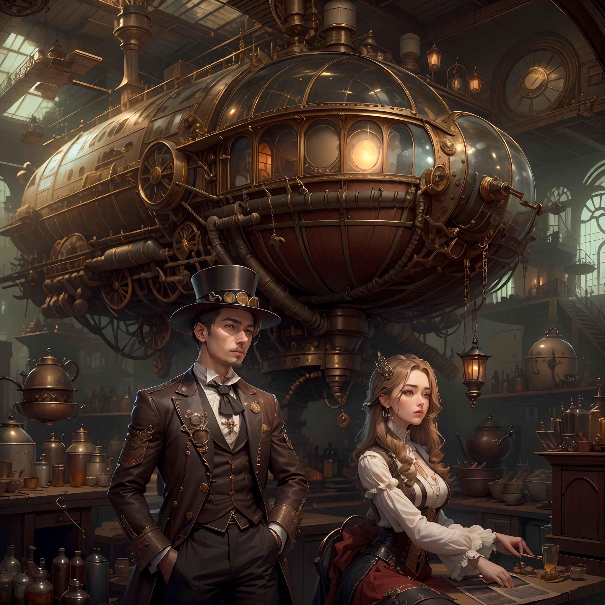 best qualtiy,tmasterpiece,超高分辨率,(realisticlying:1.4),absurderes,(ung couple repairing an airship in the manor,(Eye focus),sface focus, Clear facial features),(koh_amberheard:0.8),1 best long shot photo of Mechanical Airship Manor,Fantasy sci-fi vehicles,hyper realisitc,steampunc,Complex design,insanely details,finely detailled,Steampunk AI,1 couple doing business on the estate
