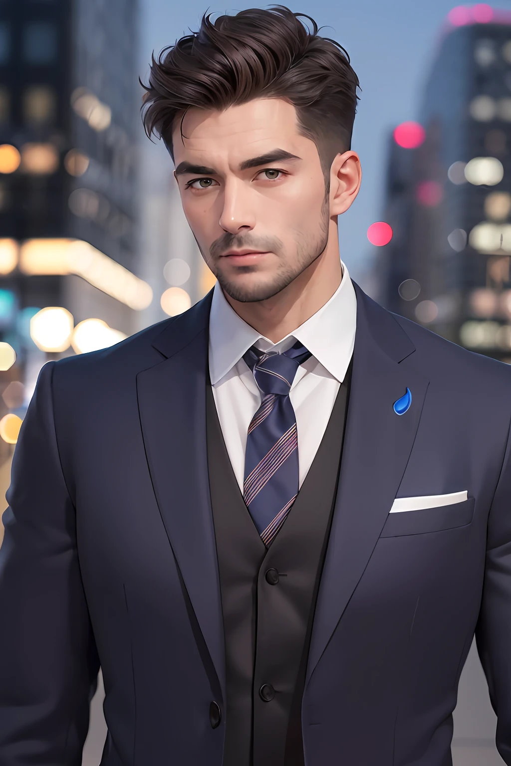 (absurderes、hight resolution、ultra-detailliert、realisitic、)、1 male、独奏、Adults、mature、Tall and muscular man、broad shoulder、a handsome、extra very short hair、A dark-haired、brown-eyed、sharp jaws、thick neck、Well-formed eyebrows、natta、murky、City night view background、formal suit、neck tie、The upper part of the body、20s to 30s
