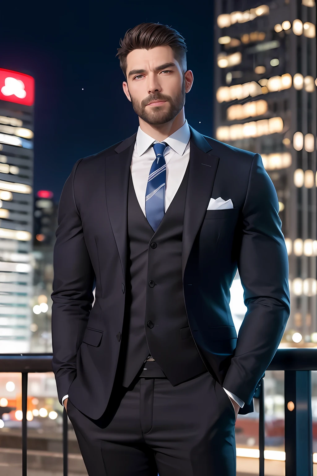 (absurderes、hight resolution、ultra-detailliert、realisitic、)、1 male、独奏、Adults、mature、Tall and muscular man、broad shoulder、a handsome、extra very short hair、A dark-haired、brown-eyed、sharp jaws、thick neck、Well-formed eyebrows、natta、murky、City night view background、formal suit、neck tie、The upper part of the body、20s to 30s