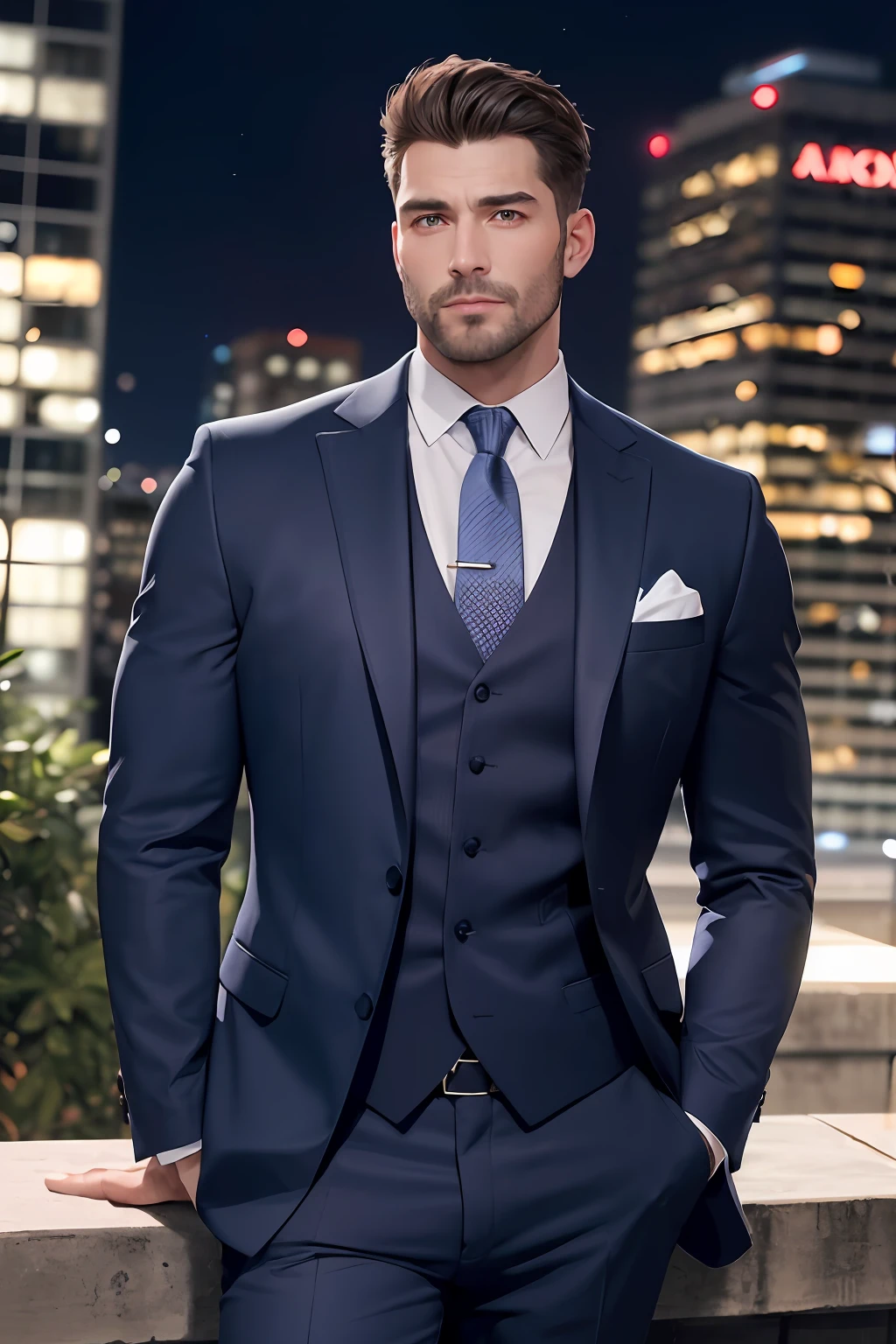 (absurderes、hight resolution、ultra-detailliert、realisitic、)、1 male、独奏、Adults、mature、Tall and muscular man、broad shoulder、a handsome、extra very short hair、A dark-haired、brown-eyed、sharp jaws、thick neck、Well-formed eyebrows、natta、murky、City night view background、formal suit、neck tie、The upper part of the body、20s to 30s