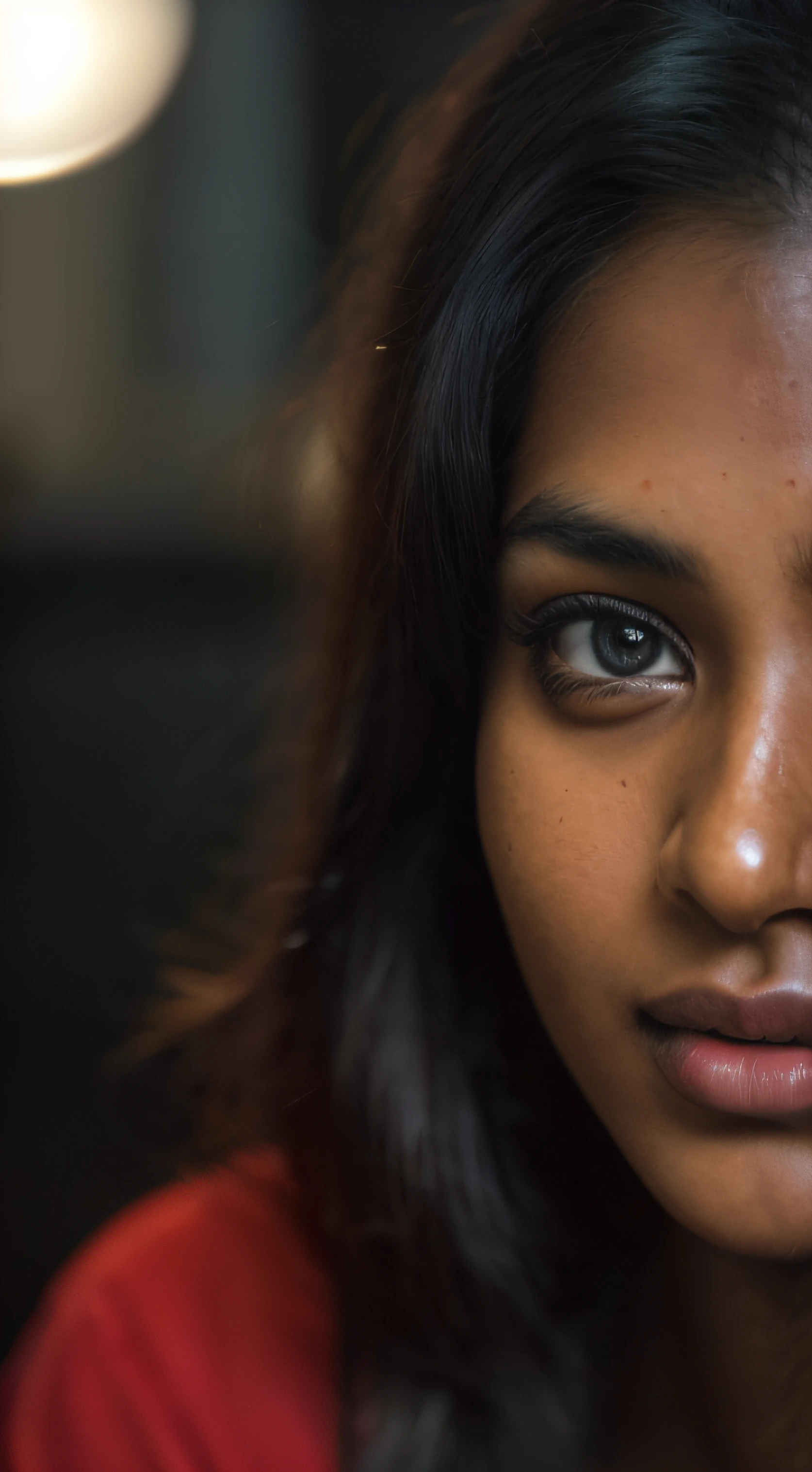(close-up, editorial photograph of a 21 year old Bangladeshi beautiful woman), (highly detailed face:1.4) (smile:0.7) (background inside dark, moody, private study:1.3) POV, by lee jeffries, nikon d850, film stock photograph ,4 kodak portra 400 ,camera f1.6 lens ,rich colors ,hyper realistic ,lifelike texture, dramatic lighting , cinestill 800,