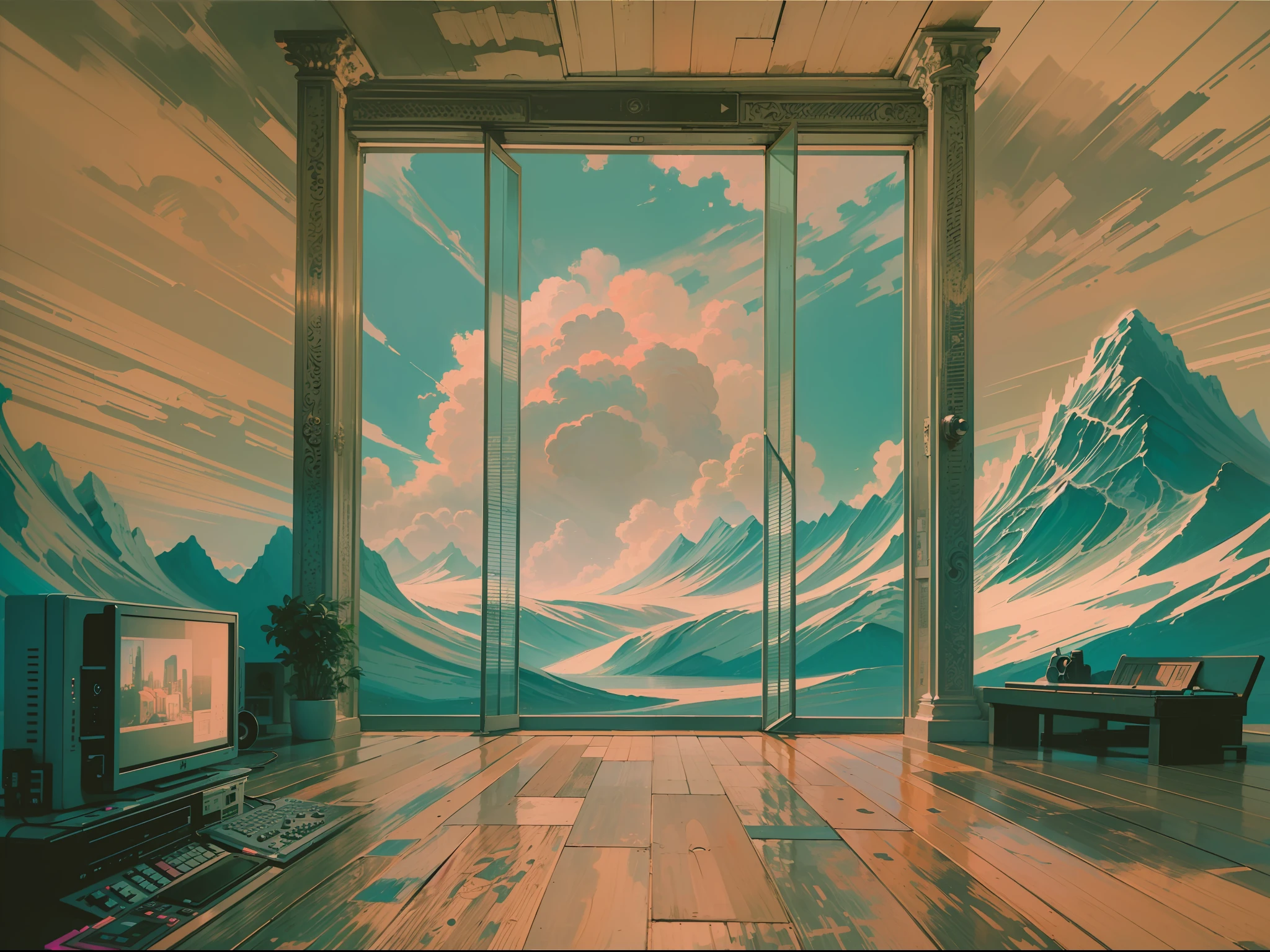 ((Best Quality, 8K, Masterpiece: 1.3)),((Amazing detail: 1.2)),((illustration: 1.1)),vaporwave,pink,dreamy,lofi style,distort,computer,film grain,old time,80s,glitch,amazing painting art,