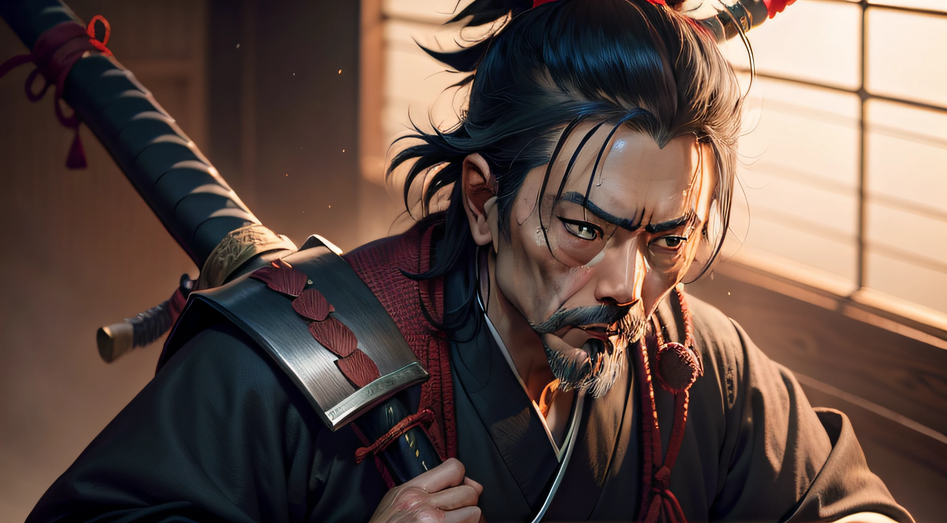 In this captivating portrayal, Miyamoto Musashi, the legendary Japanese swordsman and philosopher, stands with an air of stoic determination. His attire reflects the traditional clothing of a samurai, while his hands rest confidently on the hilt of his katana. Musashi's piercing gaze exudes wisdom and inner strength, a testament to his unparalleled mastery of martial arts and profound understanding of the way of the sword. This powerful image captures the essence of Musashi's legendary status and his unwavering commitment to self-discipline and the pursuit of excellence. It invites viewers to contemplate the principles of bushido and the path of a true warrior, inspiring admiration for the timeless legacy of Miyamoto Musashi.