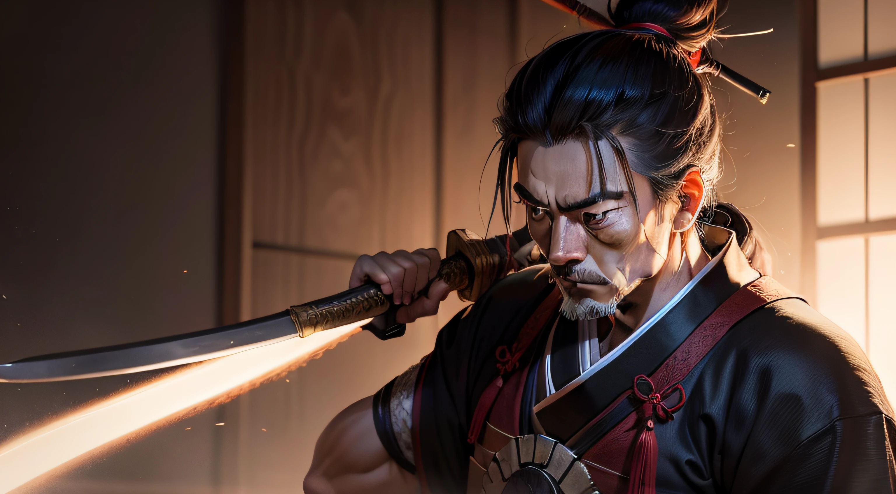 In this captivating portrayal, Miyamoto Musashi, the legendary Japanese swordsman and philosopher, stands with an air of stoic determination. His attire reflects the traditional clothing of a samurai, while his hands rest confidently on the hilt of his katana. Musashi's piercing gaze exudes wisdom and inner strength, a testament to his unparalleled mastery of martial arts and profound understanding of the way of the sword. This powerful image captures the essence of Musashi's legendary status and his unwavering commitment to self-discipline and the pursuit of excellence. It invites viewers to contemplate the principles of bushido and the path of a true warrior, inspiring admiration for the timeless legacy of Miyamoto Musashi.