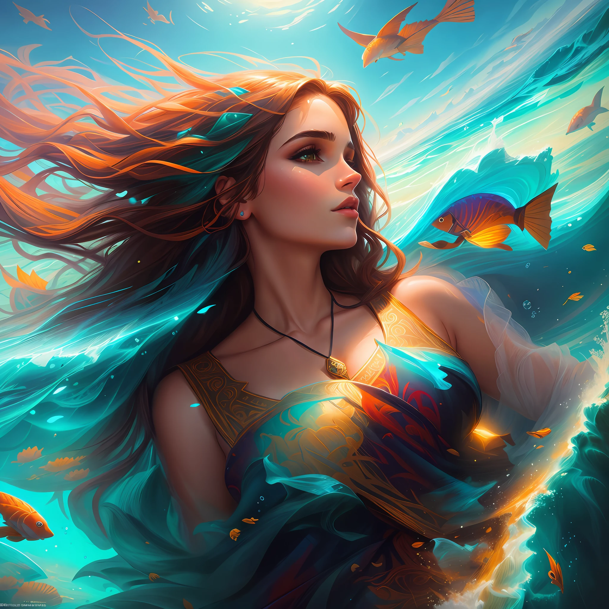 Pintura de uma mulher em um traje de sereia nadando no oceano, karol bak uhd, Arte bonita UHD 4K, bela arte digital, linda arte digital linda, sereia bonita, lindo arte digital, bela arte digital, Retrato da Sereia, arte digital muito bonita, retrato bonito da arte da fantasia, Emma Watson como Sereia do Mar, Directed by: Anton Fadeev, pintura digital bonita
