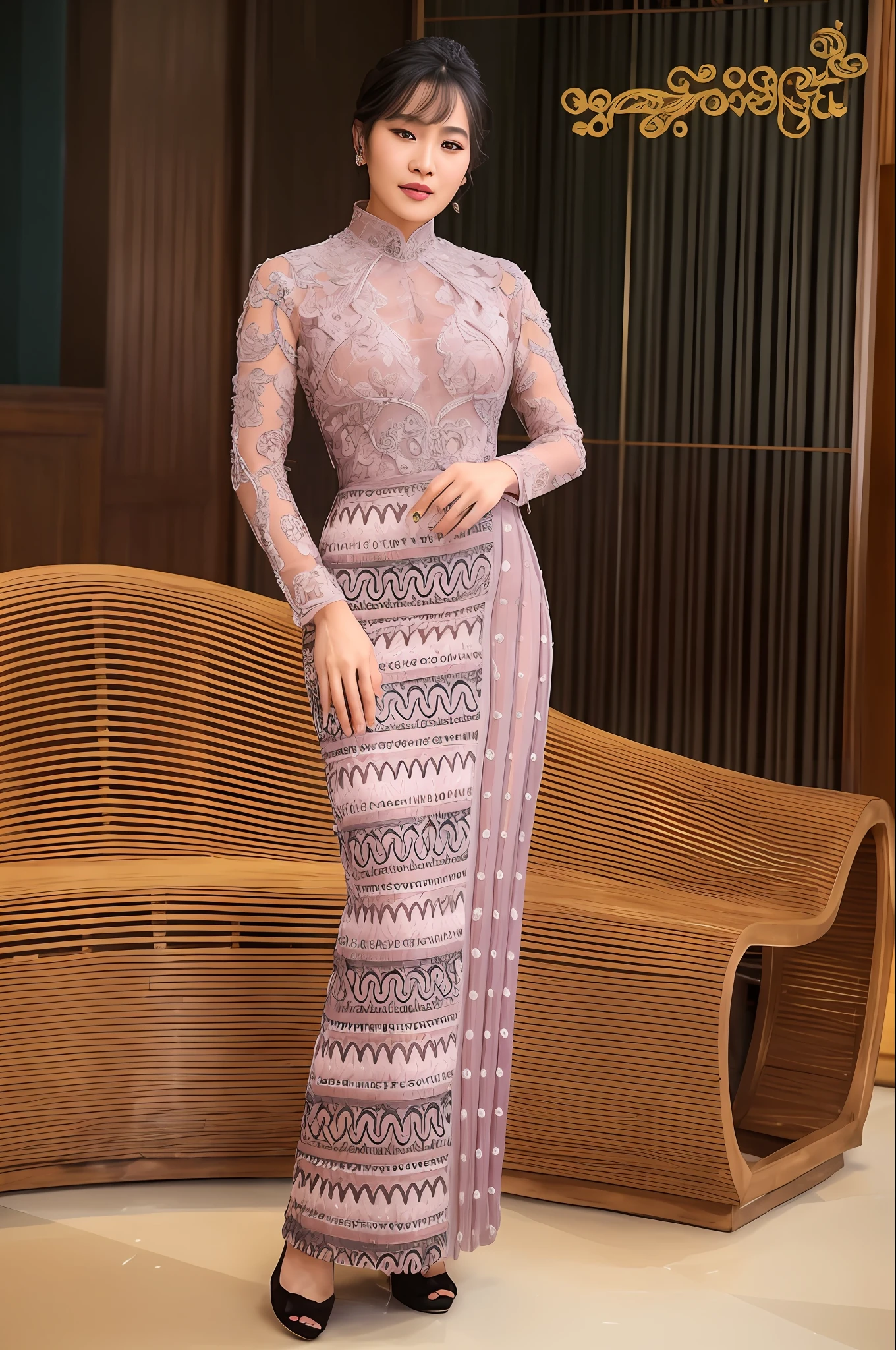 a close up of a woman in a long dress standing in a room, intricate dress, intricate detailed dress, wearing an elegant tribal outfit, intricate fantasy dress, an intricate dress, ornate dress, cheongsam, idian dress, fantasy long intricate gown, wearing an ornate outfit, detailed dress, intricate outfit, long luxurious intricate gown, ao dai, intricate gown