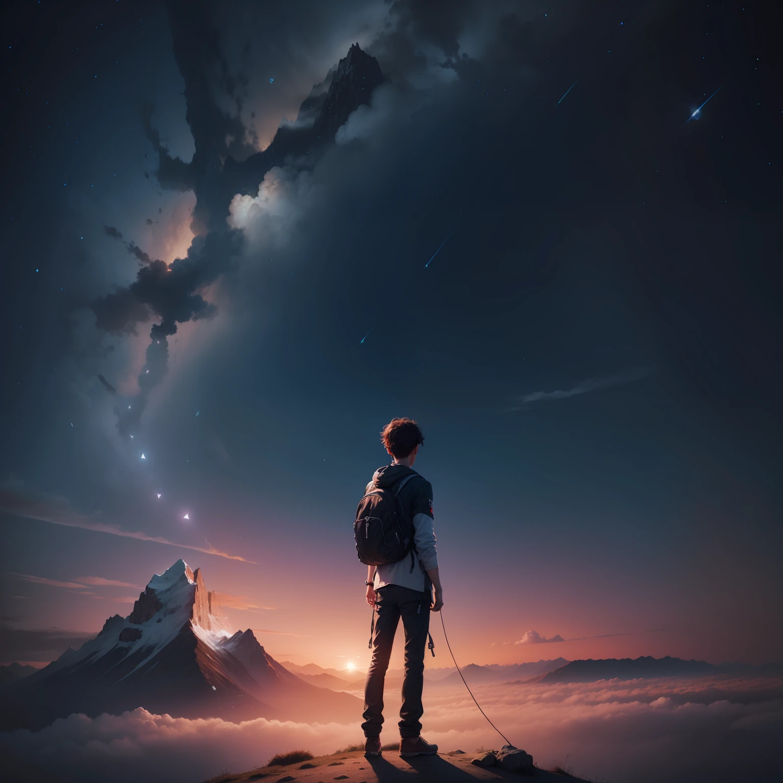 Alon boy,heart broken,standing mountain,watch sky,night