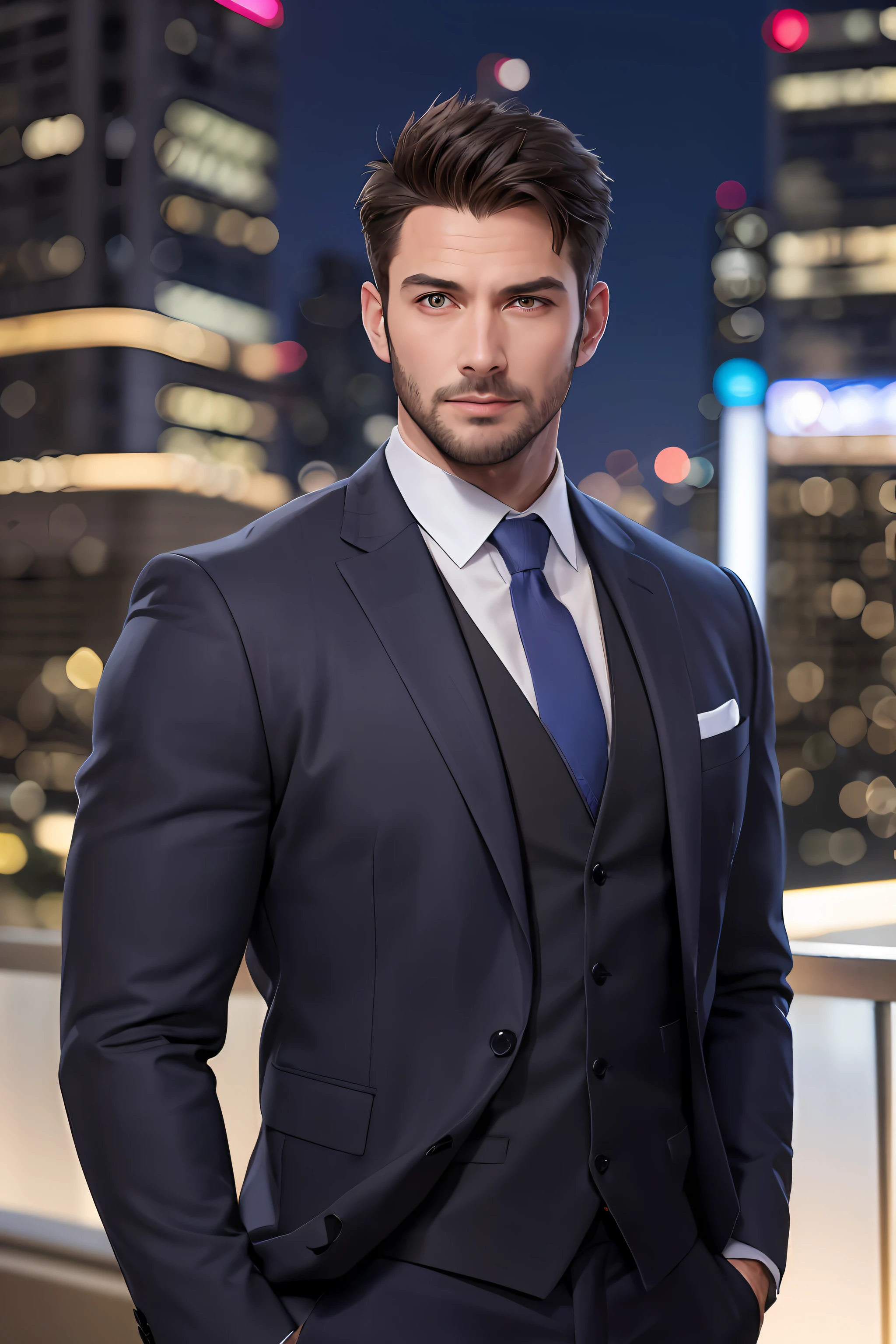 (absurderes、hight resolution、ultra-detailliert、realisitic、)、1 male、独奏、Adults、mature、Tall and muscular man、broad shoulder、a handsome、extra very short hair、A dark-haired、brown-eyed、sharp jaws、thick neck、Well-formed eyebrows、natta、murky、City night view background、formal suit、neck tie、The upper part of the body、20s to 30s