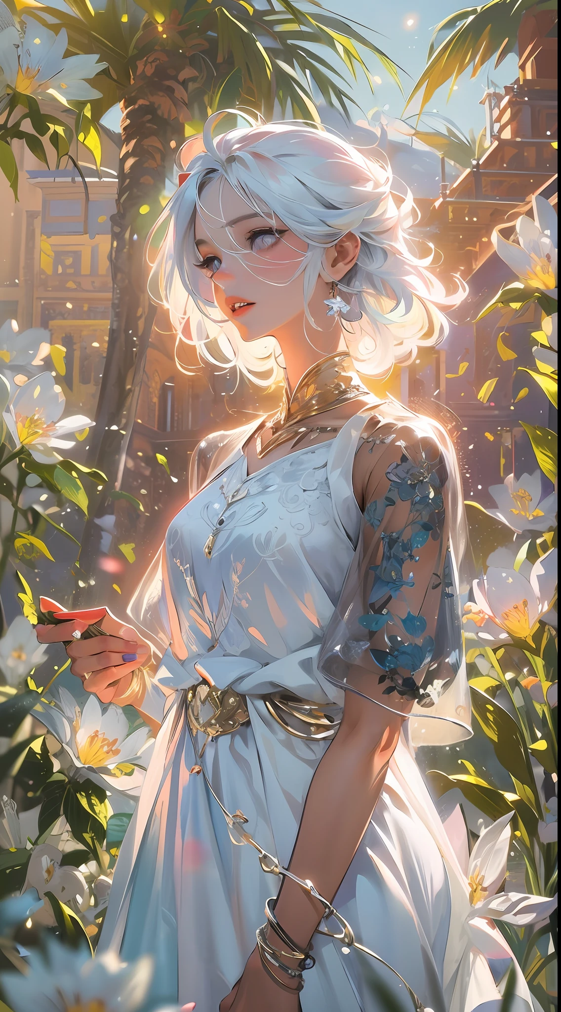 Realistic, 1girl, white hair, purple eyes, glowing eyes, cropped top, skirt, parted lips, blush, night, flowers, sun, sunlight, white skirt, short skirt, medium length hair, real, warm colors, white short Dress, white clothes, light background color, day environment, bright color background, saudi, ocean, cute,