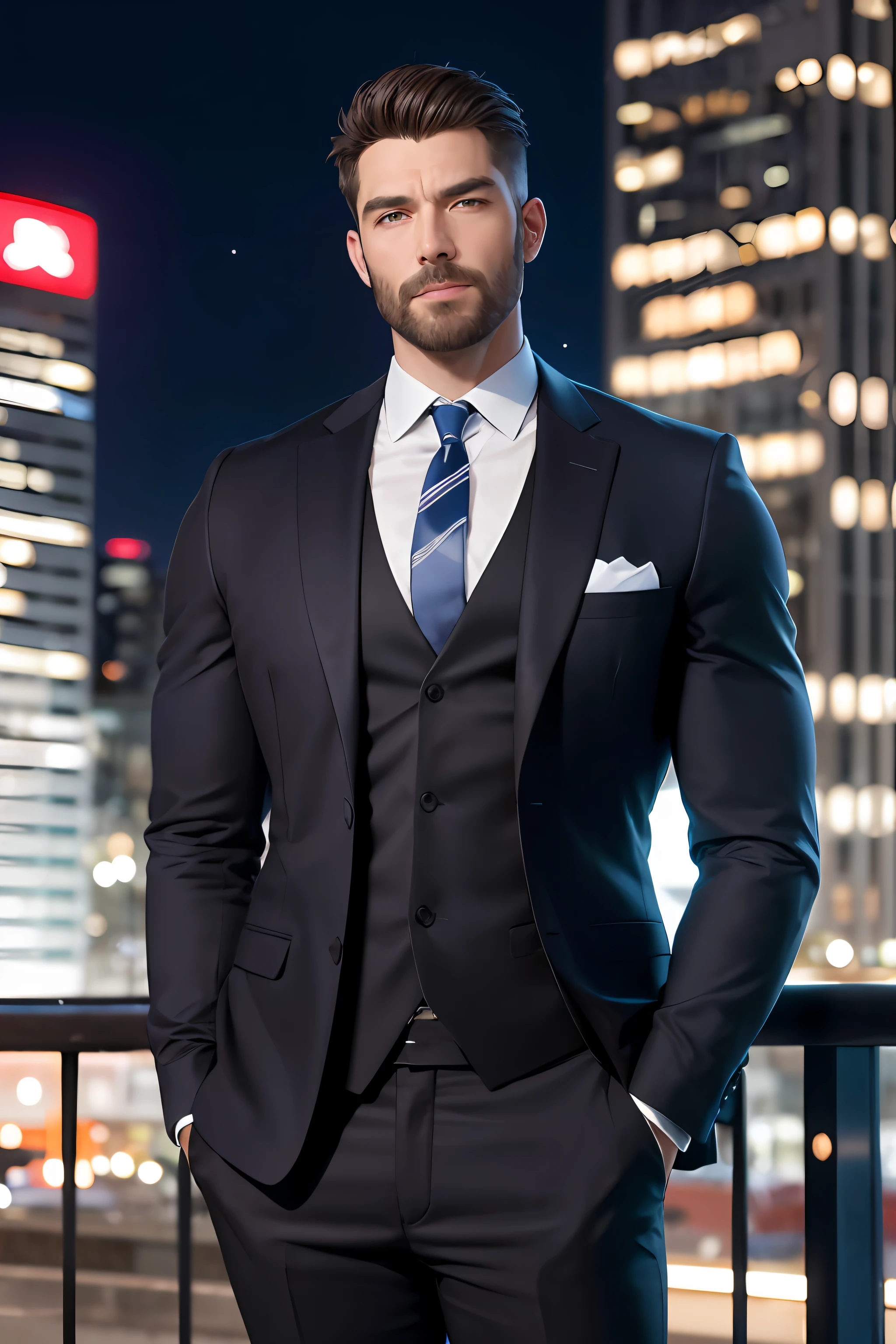 (absurderes、hight resolution、ultra-detailliert、realisitic、)、1 male、独奏、Adults、mature、Tall and muscular man、broad shoulder、a handsome、extra very short hair、A dark-haired、brown-eyed、sharp jaws、thick neck、Well-formed eyebrows、natta、murky、City night view background、formal suit、neck tie、The upper part of the body、20s to 30s