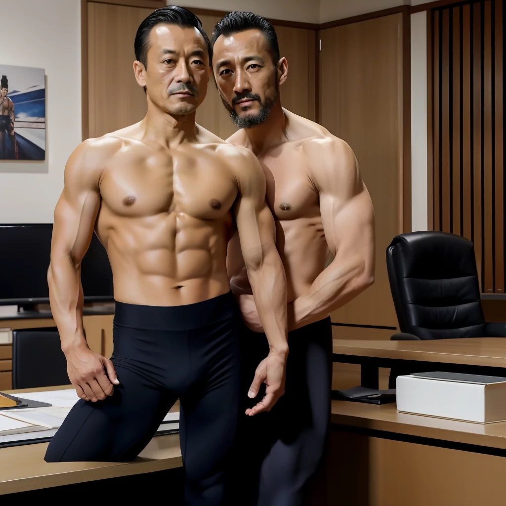 50yearsold，Hidetoshi Nakata ，（Kogoro Mouri 1.3），Naked upper body，Tong，Bulge，office room，two guys，hugs，black long socks，Thin，musculature，lbeard，fortitude，artwork of a，tmasterpiece，k hd，Wear leggings on the lower body