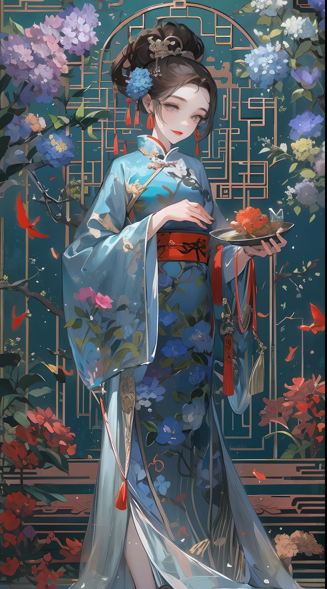 Masterpiece, Superb Product, Night, Full Moon, 1 Woman, Mature Woman, Chinese Style, Antique Chinese, Sister, Royal Sister, Smile, Brunette Hair, Updo, Red Lips, Calm, Intellectual, Hairpin, Hair Flower, Detailed Facial Details, Detailed Eyes, Full Body, Gray Eyes, Long Hair, Hydrangeas
