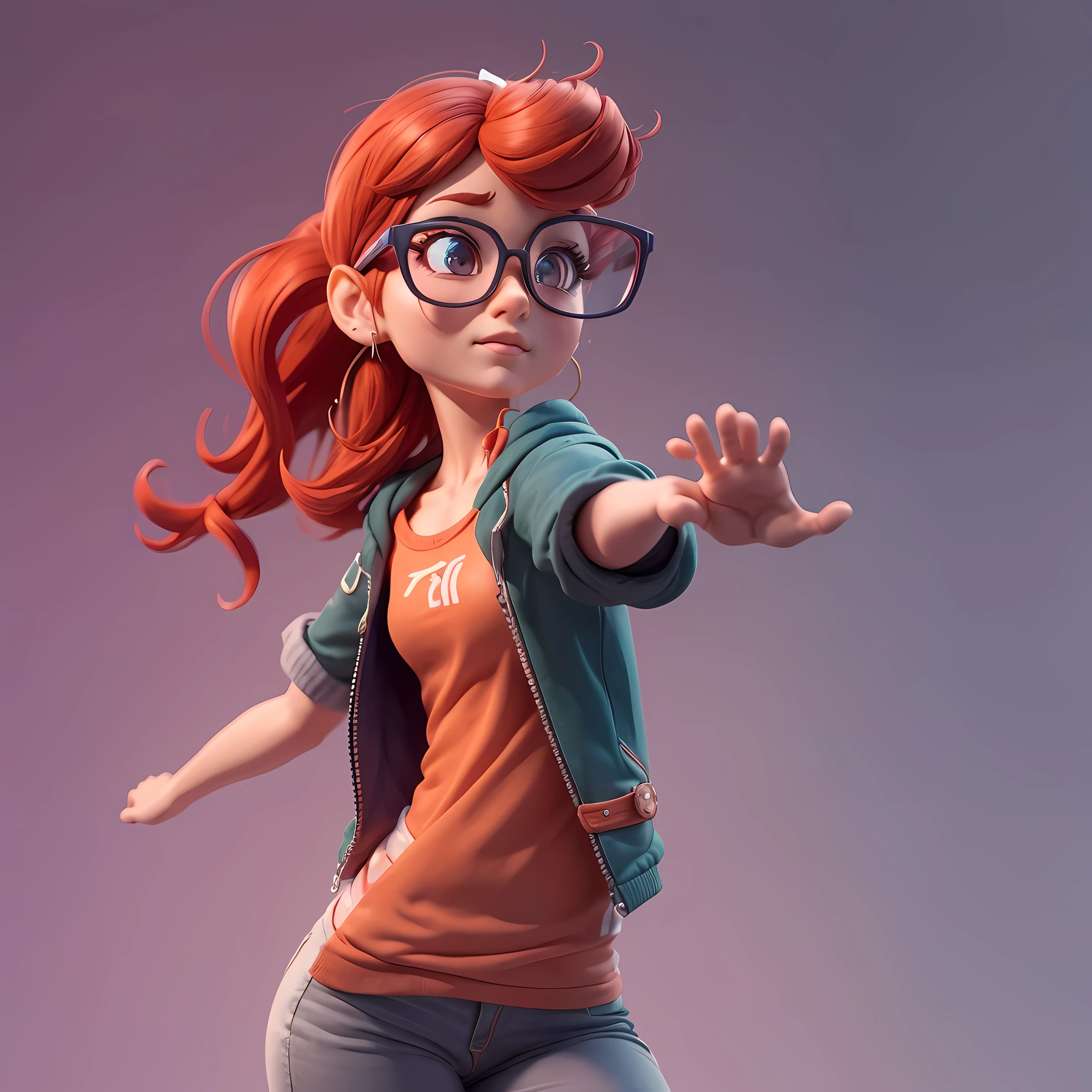 A closeup of a cartoon character with glasses and red hair, Vestido casualmente, Como um personagem da Pixar, Pose casual, Personagem 3D, Personagem 3D, Representado como um personagem da Pixar, fazendo uma pose atrevida, she is dancing. Realistic, Pose de personagem, Caractere mesclado, animation character, com uma pose cool, character is in her natural pose, como um personagem de fortnite,8k ,em uma escola, pose de pare