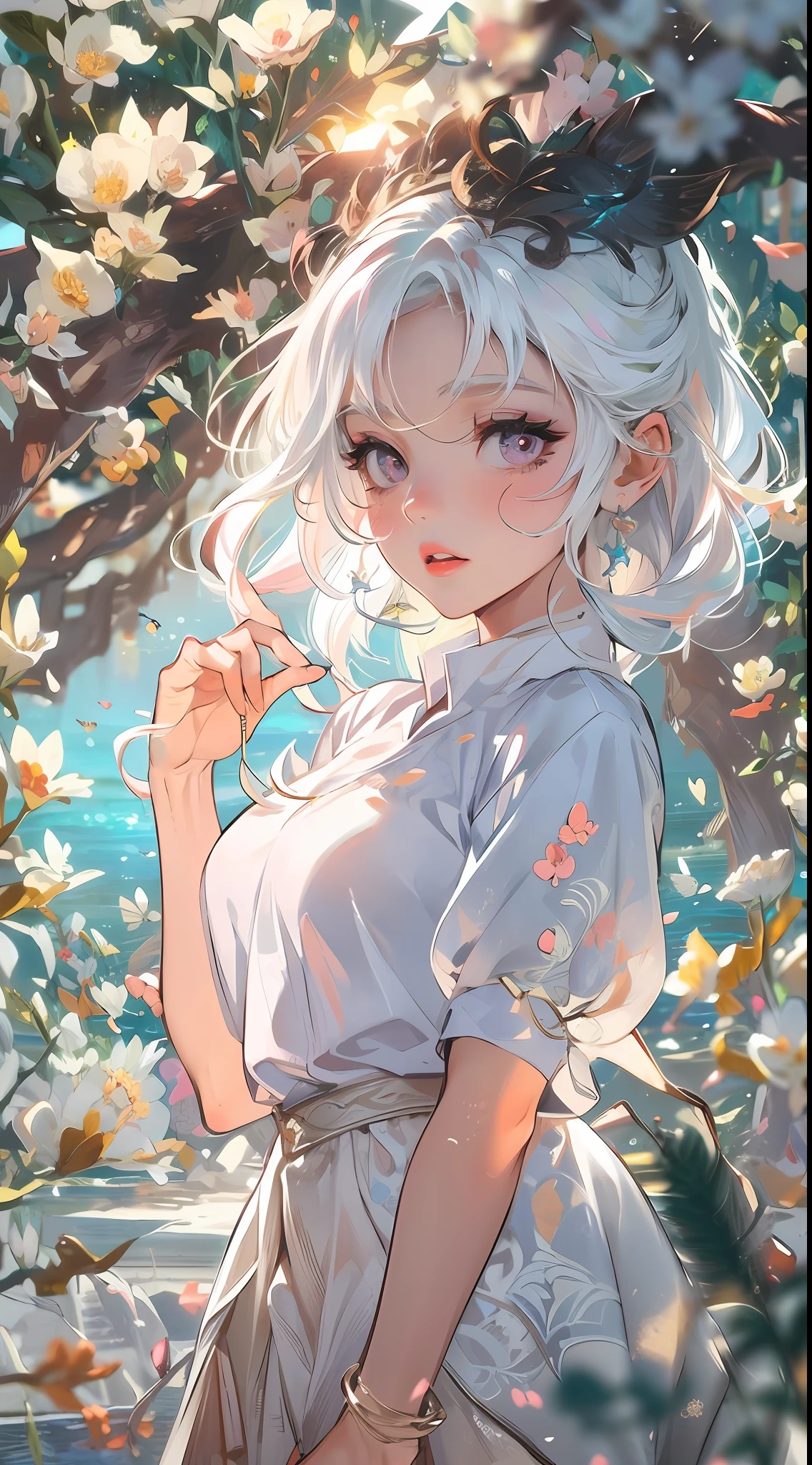 Realistic, 1girl, white hair, purple eyes, glowing eyes, cropped top, skirt, parted lips, blush, night, flowers, sun, sunlight, white skirt, short skirt, medium length hair, real, warm colors, white short Dress, white clothes, light background color, day environment, bright color background, saudi, ocean, cute,