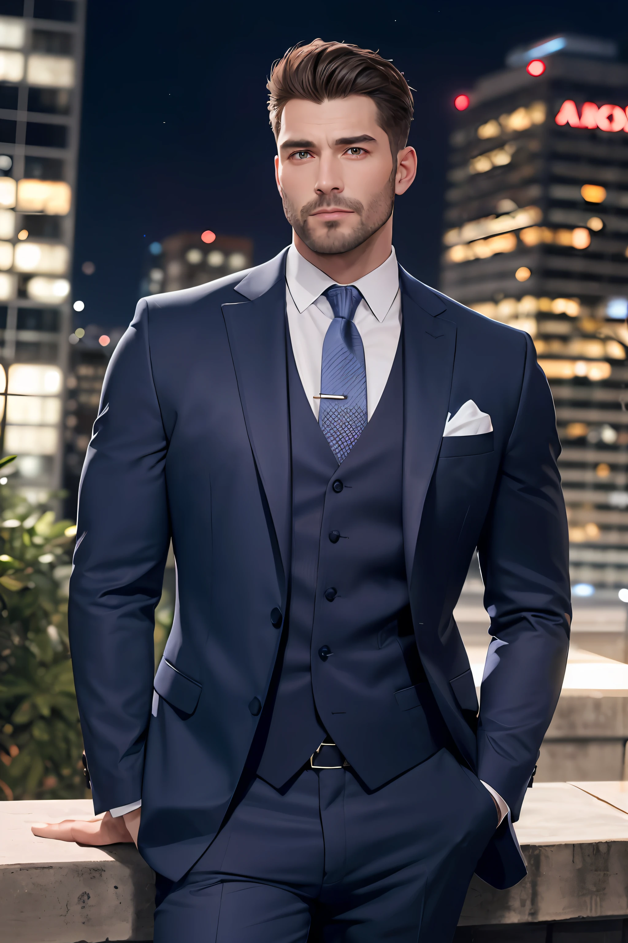 (absurderes、hight resolution、ultra-detailliert、realisitic、)、1 male、独奏、Adults、mature、Tall and muscular man、broad shoulder、a handsome、extra very short hair、A dark-haired、brown-eyed、sharp jaws、thick neck、Well-formed eyebrows、natta、murky、City night view background、formal suit、neck tie、The upper part of the body、20s to 30s