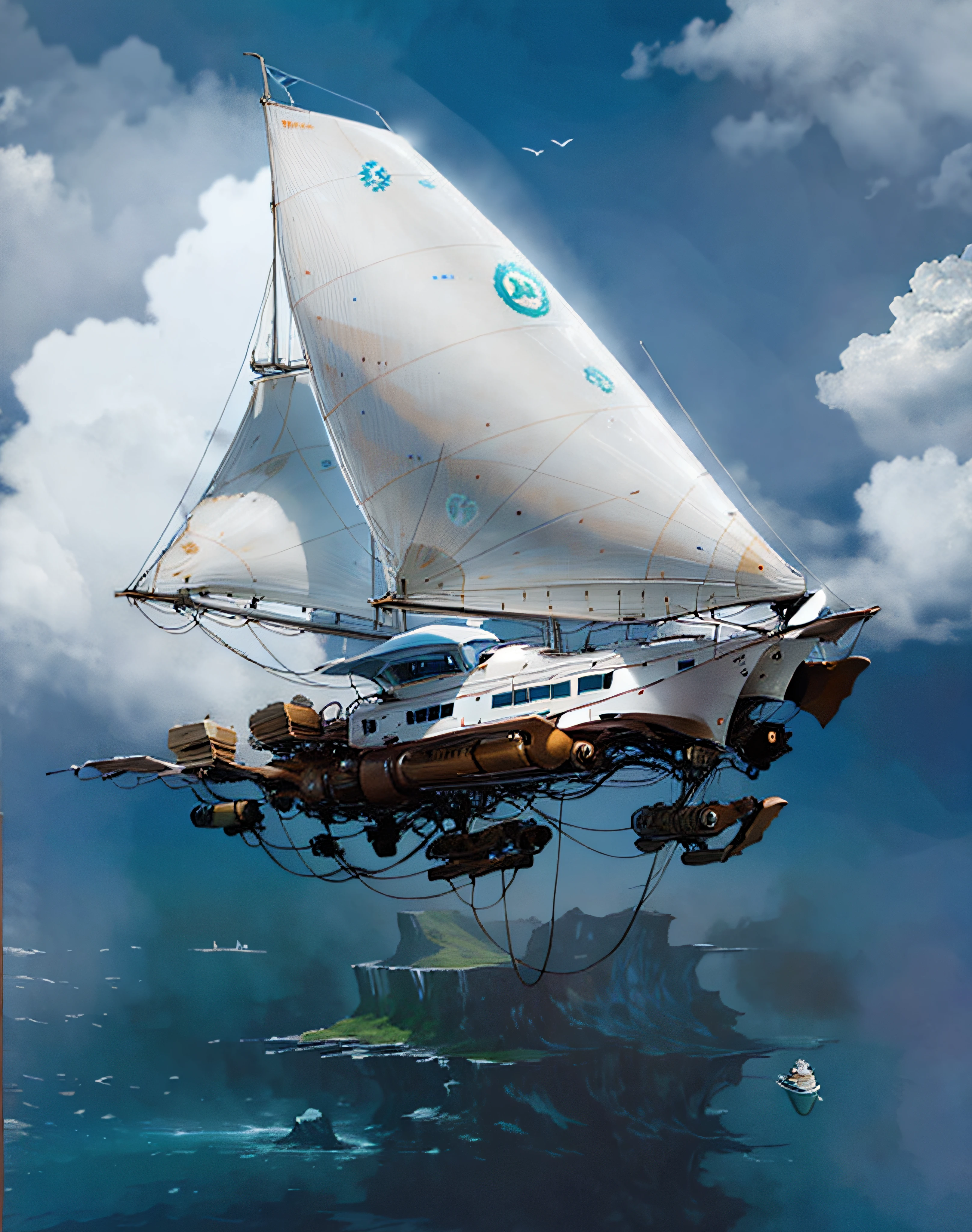 Beautiful white super sailboat jumping between the clouds and down the emerald rough sea with huge menacing waves fight against the cliffs of volcanic islands