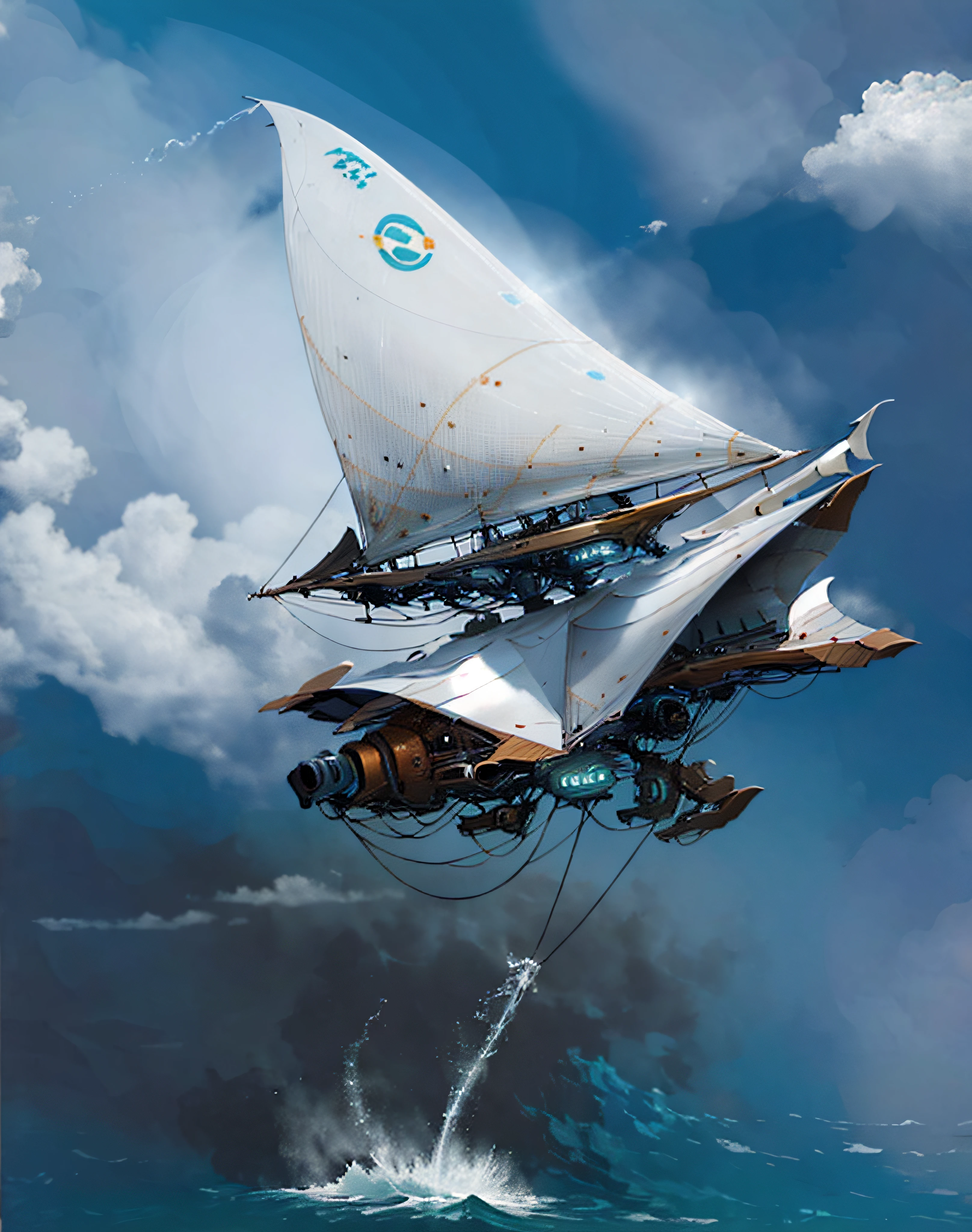 Beautiful white super sailboat jumping between the clouds and down the emerald rough sea with huge menacing waves fight against the cliffs of volcanic islands