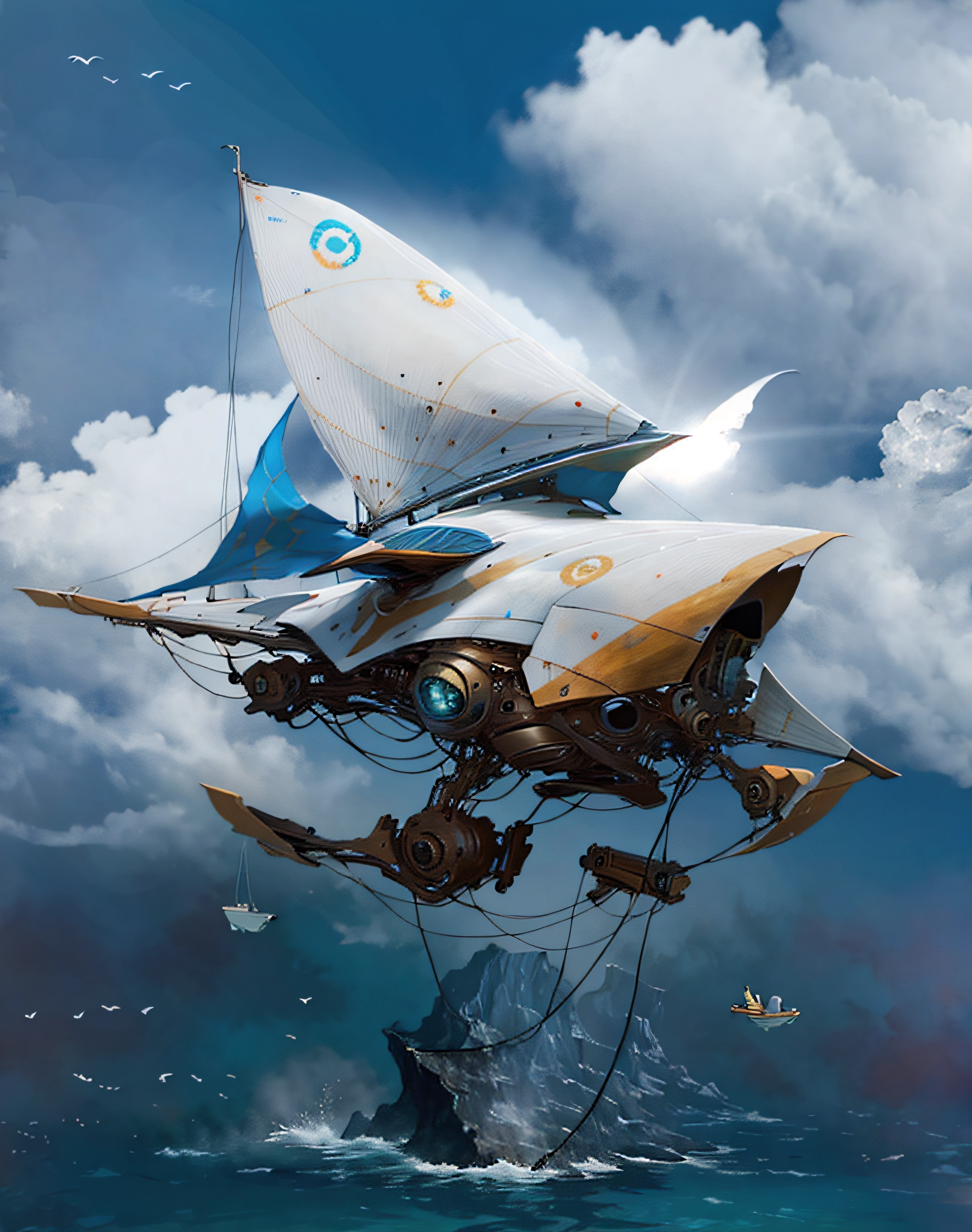 Beautiful white super sailboat jumping between the clouds and down the emerald rough sea with huge menacing waves fight against the cliffs of volcanic islands