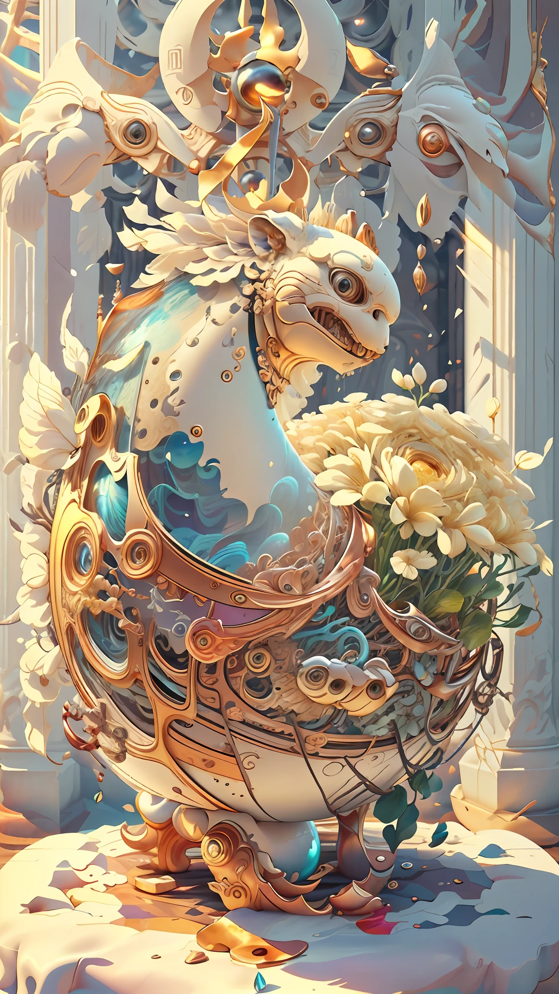 Extremely Ultrarealistic Photorealistic cute creature holding a flower, by James Jean and Android Jones: Jeff Koons: Erin Hanson: Joe Fenton: Dan Mumford: professional photography, natural lighting, volumetric lighting maximalist photoillustration 8k resolution concept art intricately detailed, complex, elegant, expansive, fantastical: