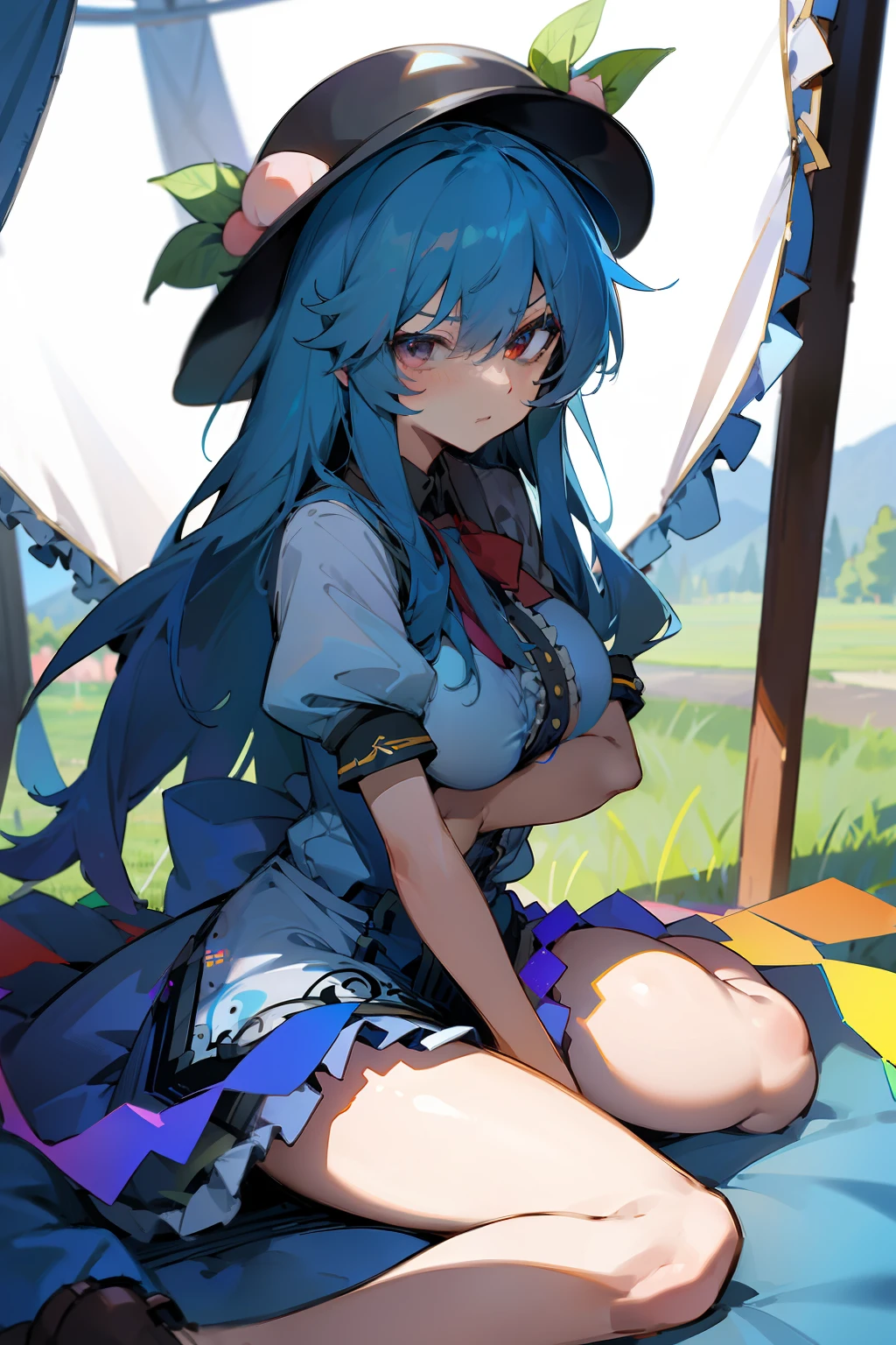 (masterpiece),best quality, expressive eyes, perfect face,w sitting, w sitting on ground, legs on ground, 1girl,
big breast, H-cup, good breast, crossing arms, beautiful, gorgeous,anime,girl,lora,hinanawi tenshi, blue hair, blue haired,tent boobs, tent chest, tent breast