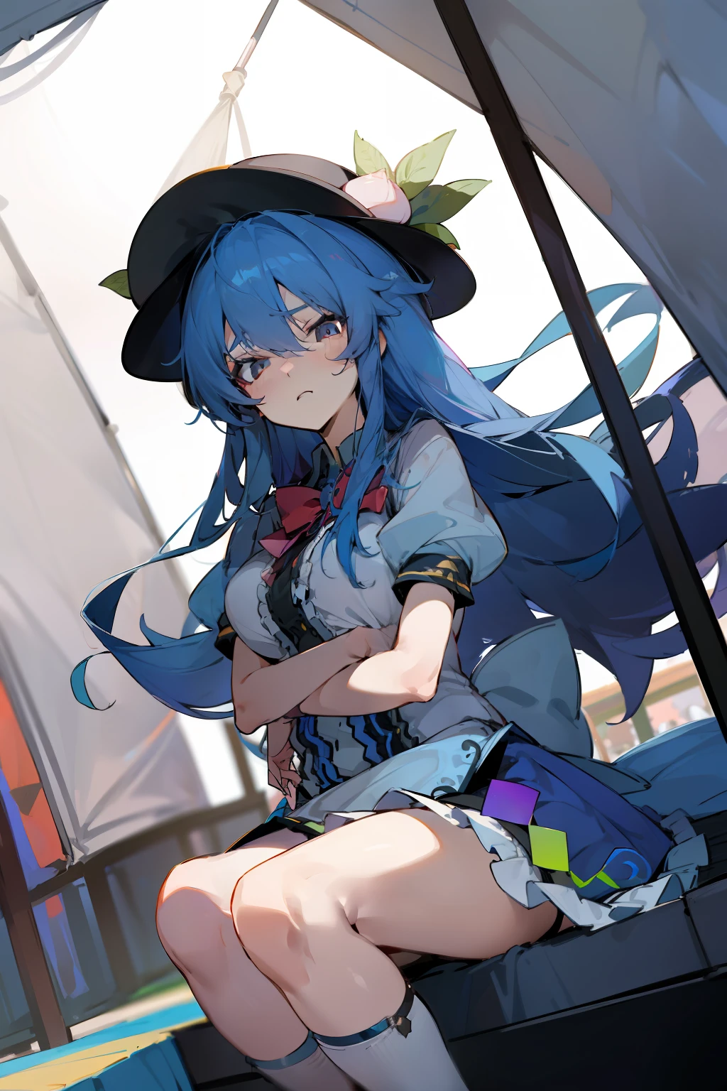 (masterpiece),best quality, expressive eyes, perfect face,w sitting, w sitting on ground, legs on ground, 1girl,
big breast, H-cup, good breast, crossing arms, beautiful, gorgeous,anime,girl,lora,hinanawi tenshi, blue hair, blue haired,tent boobs, tent chest, tent breast