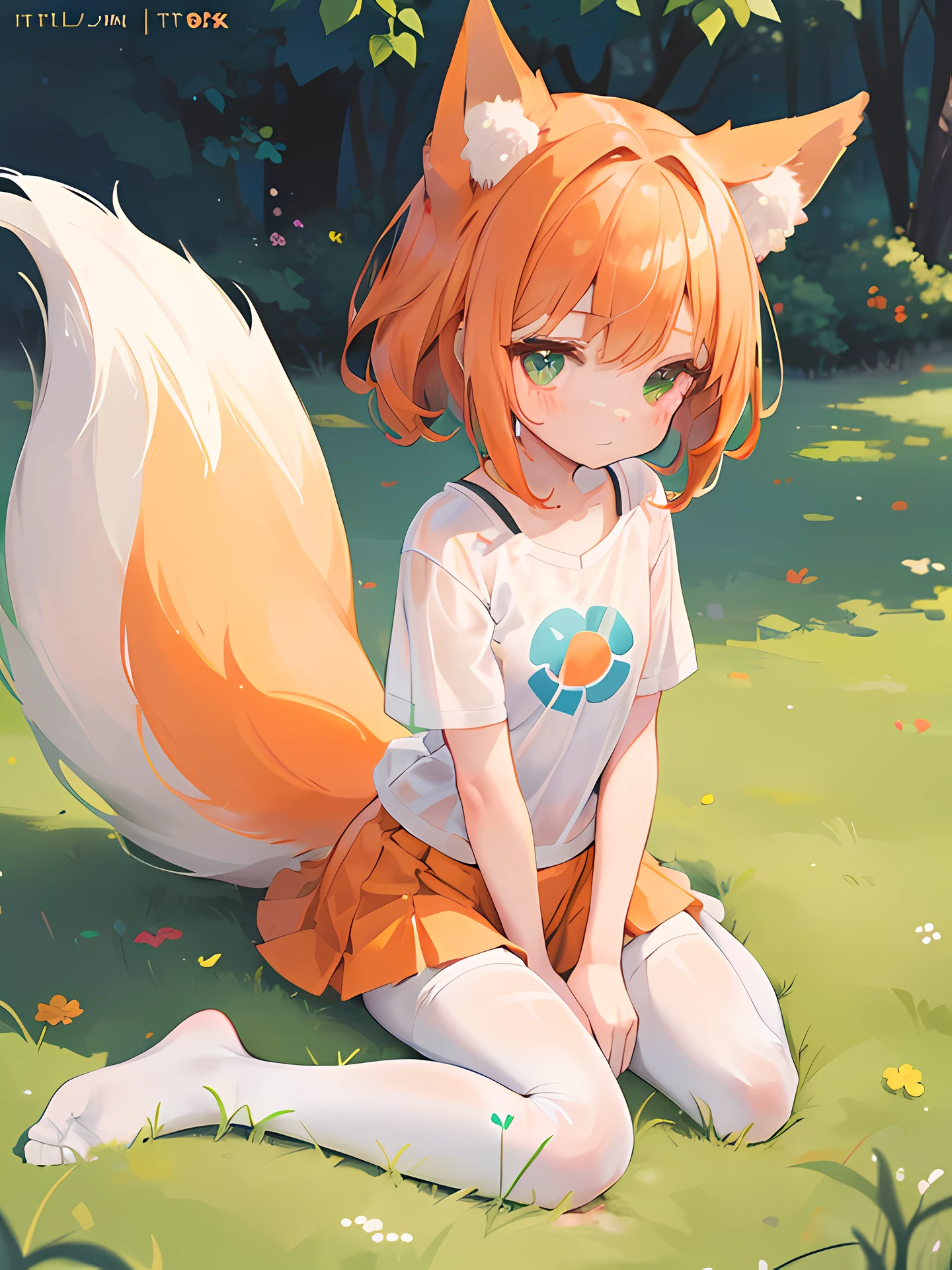 Little girl, loli, kid, sitting on a grass, white pantyhose, short skirt, panties visible, fox ears, fox tail, cute, shy, happy, small chest, cute outfit, orange hair, blush, without shoes, green eyes, visible crotch, blue stripes panties, in white t shirt, extra detailed feet, extra detailed face, touching panties