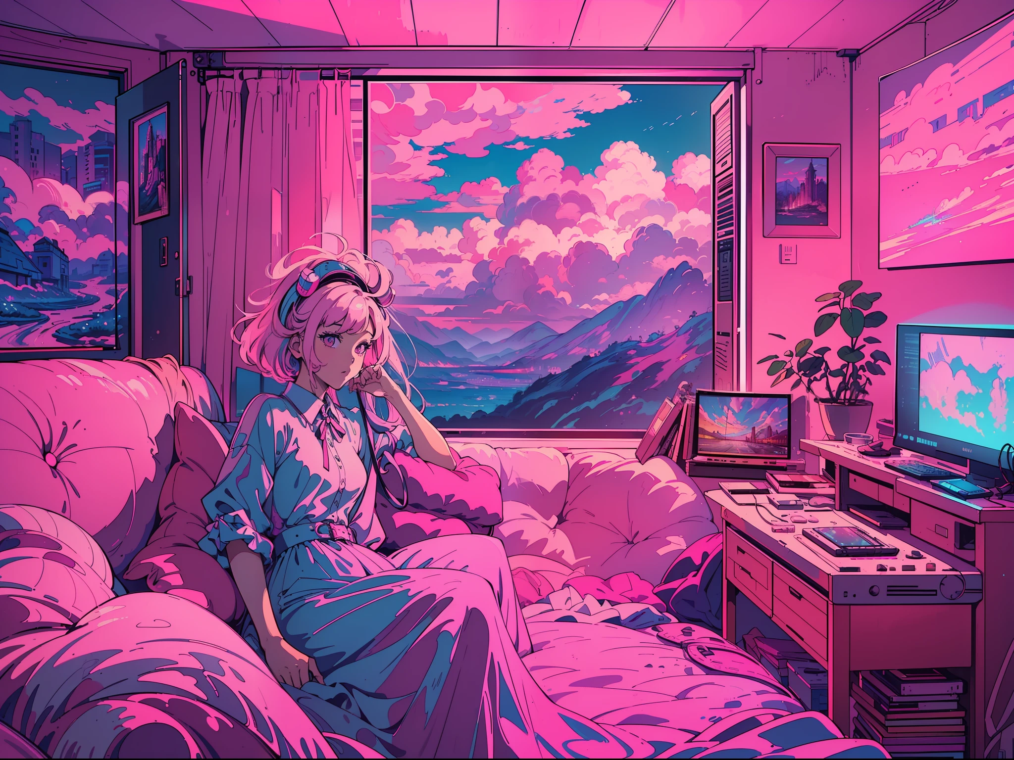 ((Best Quality, 8K, Masterpiece: 1.3)),((Amazing detail: 1.2)),((illustration: 1.1)),vaporwave,pink,dreamy,lofi style,distort,computer,film grain,old time,80s,glitch,amazing painting art,