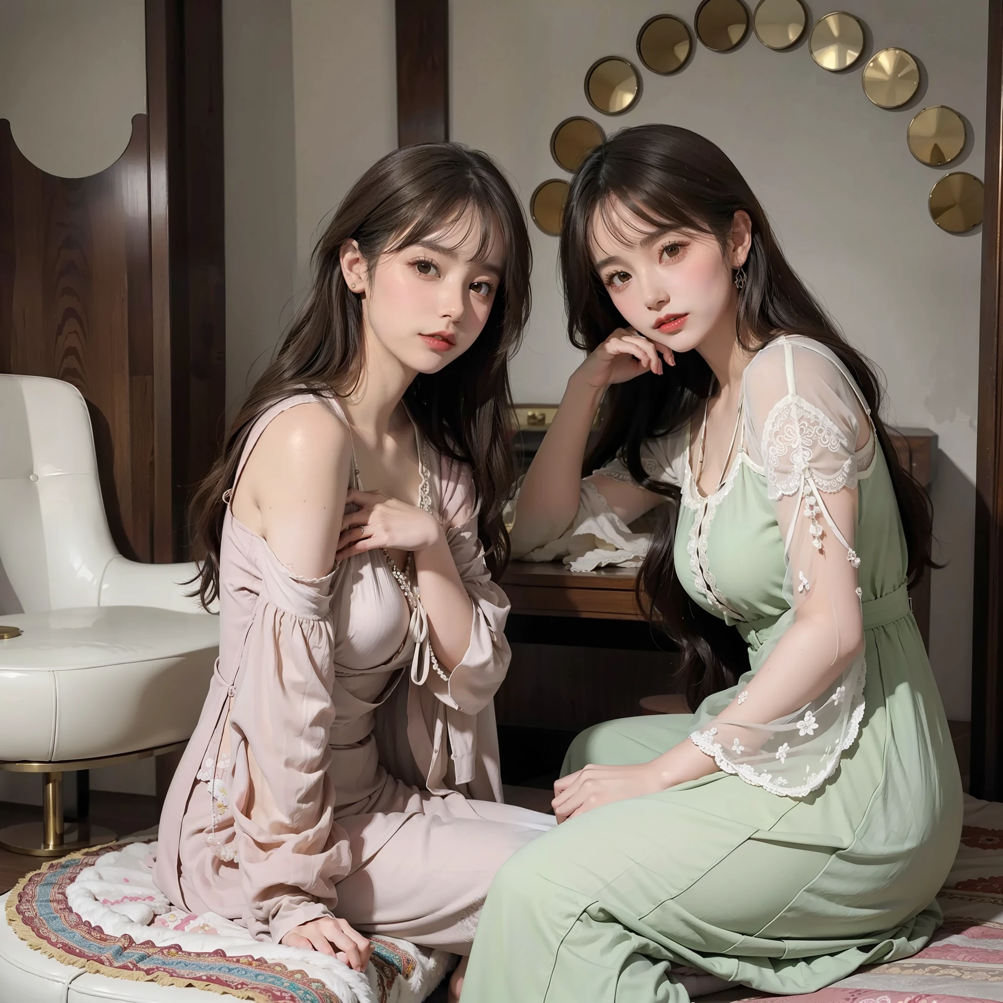 Estilo boho-chic. Una hermosa mujer ayuda a su hermosa hermana a maquillarse. They are in a room with a stunning vintage style vanity. Son mujeres que se visten de una manera moderna muy atractiva.. 2023.