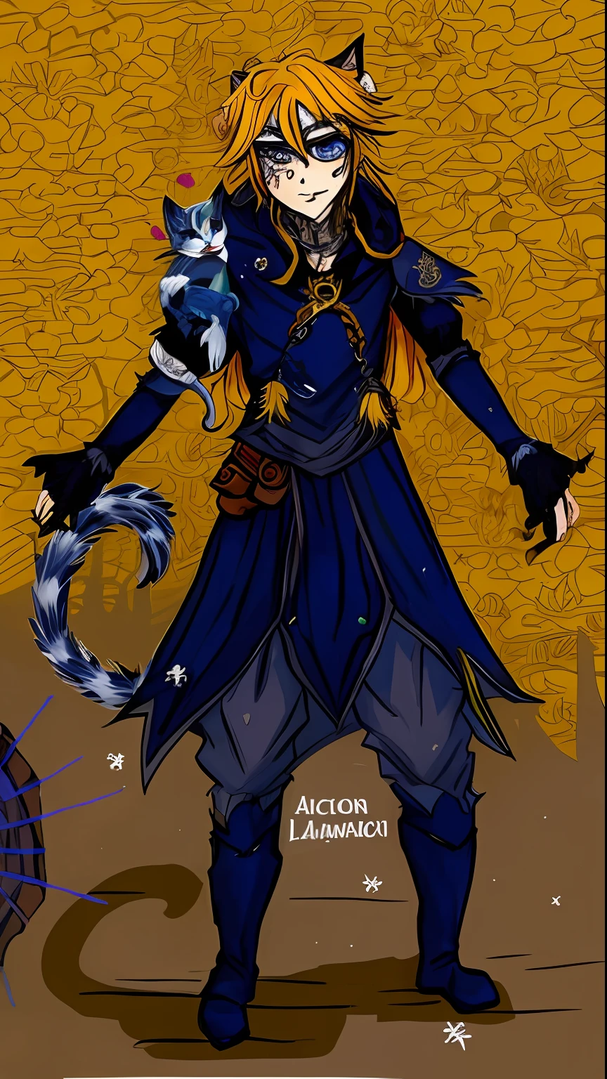 uma imagem de desenho animado de uma mulher em um casaco azul segurando um gato, bagas de alfrey, de Anthro Leopard Warlock, Arsen Lupin como um paladino, como um caractere dnd, inspirado em Kieran Yanner, antro aeromorfo, pintado no estilo arcano, as an anthropomorphic dragon, Acrion, Cabelos compridos humanoide Fursona