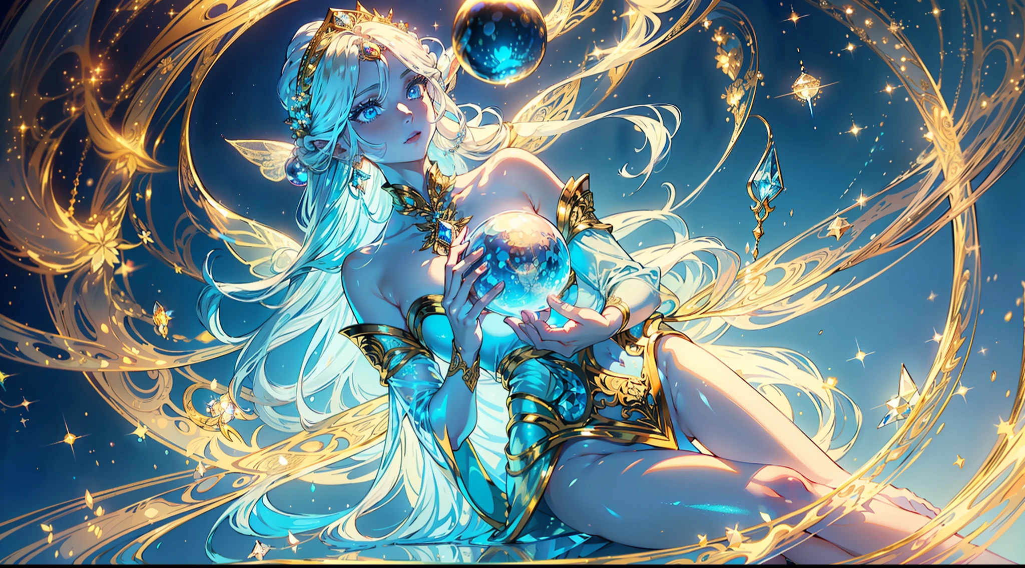 A stunning golden-haired maiden with fair skin, holding a mesmerizing 🔮 crystal ball in her delicate hands. (beauty:1.5), (ethereal:1.3), (long flowing hair:1.2), (sparkling blue eyes:1.2), (enchanted atmosphere:1.4), (crystal ball:1.3), (mystical:1.2), (fairy-like:1.3), (soft lighting:1.2), (dreamy:1.3), (intricate details:1.4)