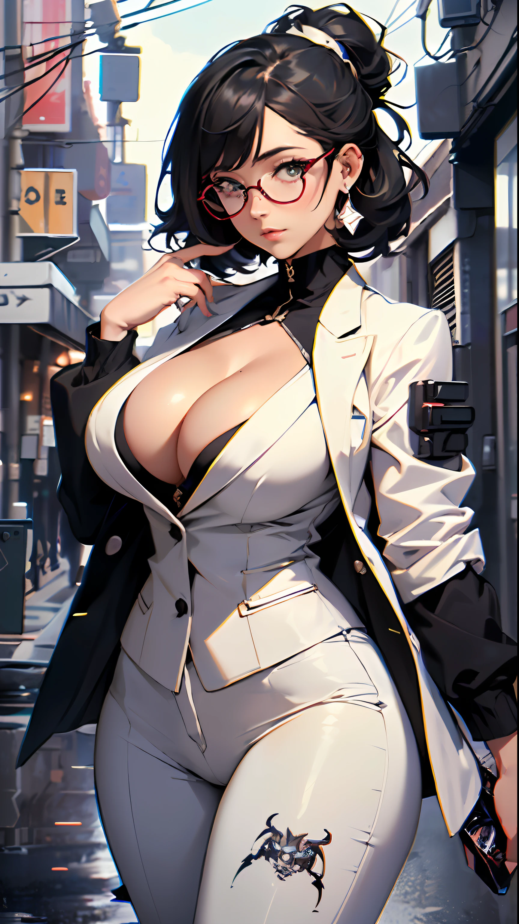 cute girl,(((1girl))),((anime girl with extremely cute and beautiful black hair walking seductively down the street)),
(Large breasts:1.4),(((black hair:1.35,colored inner hair,ear breathing,large hair, tomboy haircut))),((green eyes, perfect eyes, upturned eyes:1.3, beautiful detailed eyes, finely detailed beautiful eyes:1, big highlight on eyes:1.2, slanted eyes)), ((fat)),((lustrous skin:1.5,bright skin: 1.5,skin tanned,shiny skin,very shiny skin,shiny body,plastic glitter skin,exaggerated shiny skin))),(spider lower abdomen,narrow waist,wide hip,athletic body,inflated legs,delicate detailed fingers,detailed body,detailed arms,human hands, detailed hands),
cute,slutty,seductive,erotic,(((nsfw))),
((((glasses)))),(((wearing white formal blazer,black formal pants,))), (((huge cleavage))), (detailed outfit,detailed clothes),
(dynamic pose:1.0), solo focus, embarrassed, centered, scale to fit dimensions, Rule of thirds,
outdoors, ((night view)), (cyberpunk night street Background: 1.5,dark sky,alleyway,lonely alley,thick clouds, detailed background:1.25),
(best quality), (high resolution), (sharp focus), (ultra detailed), (extremely detailed), (extremely high quality artwork), 8k_wallpaper, (extremely detailed CG 8k),(very fine 8K CG), ((hyper super ultra detailed perfect piece)), flawless, (((masterpiece))), illustration, vibrant colors, (intricate), High contrast, Selective lighting, Double exposure, HDR (High Dynamic Range), Post-processing, Background blur,