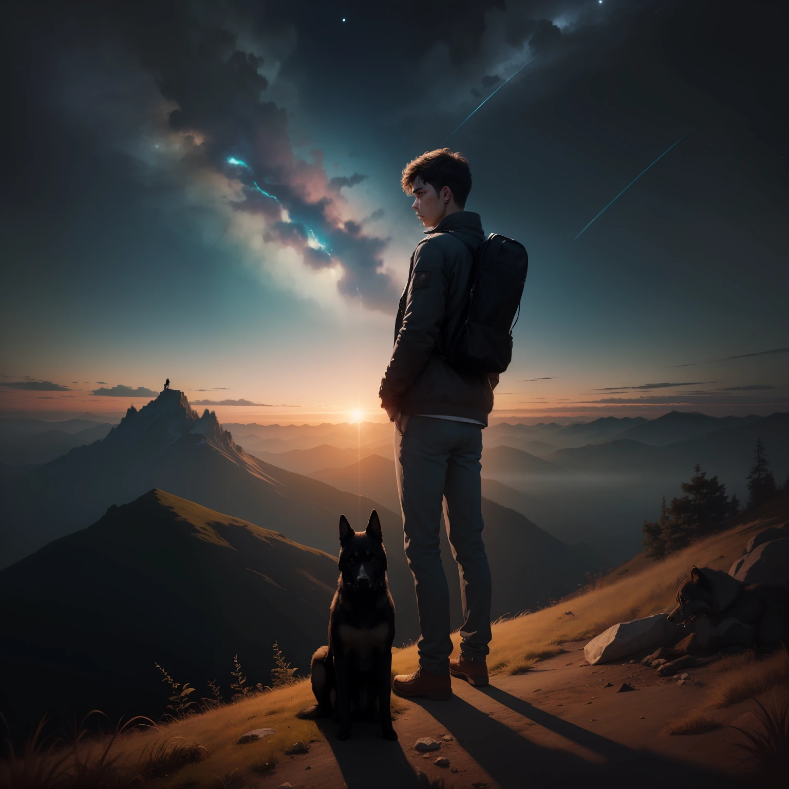 Sad boy,heart broken,standing On mountain,watch sky,night, with German shepherd dog