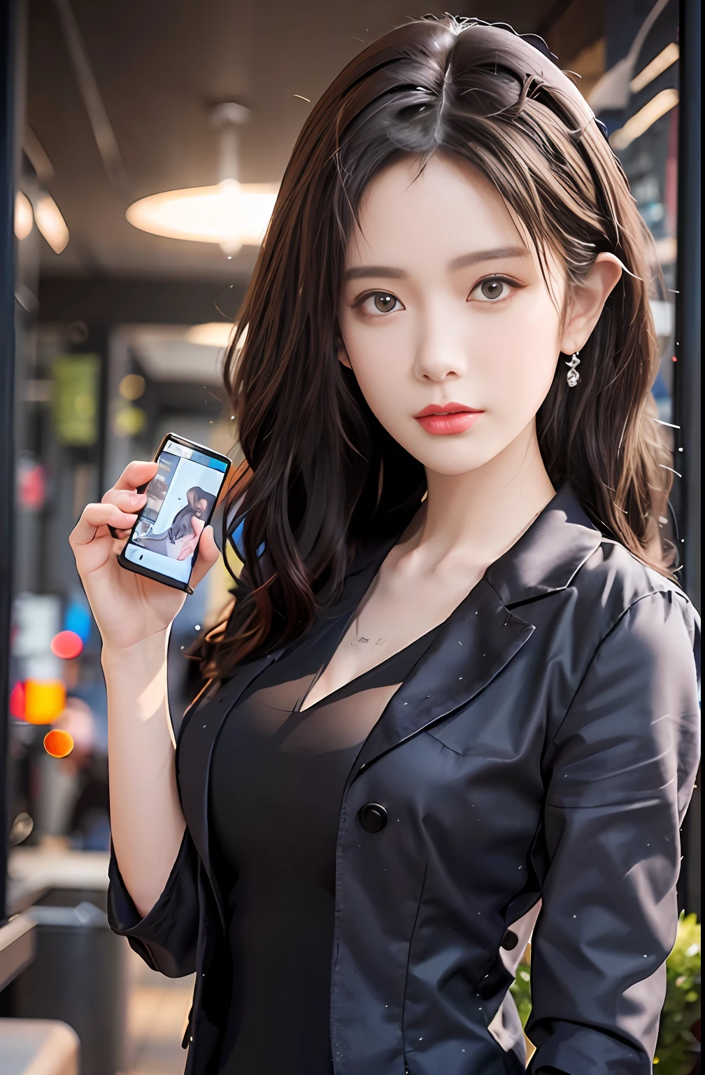 best qualtiy, tmasterpiece, 1girll, beauitful face, (photograph realistic:1.3), edge lit, (highdetailskin:1.2), 8K UHD, digital SLR camera, high high quality, A high resolution, 4K, 8K, Bokeh, absurderes, Optimal proportions of four fingers and one thumb, (realisticlying:1.3), Cute 1girl, Wearing a black formal blazer, mediuml breasts, Short white dress,Stand up