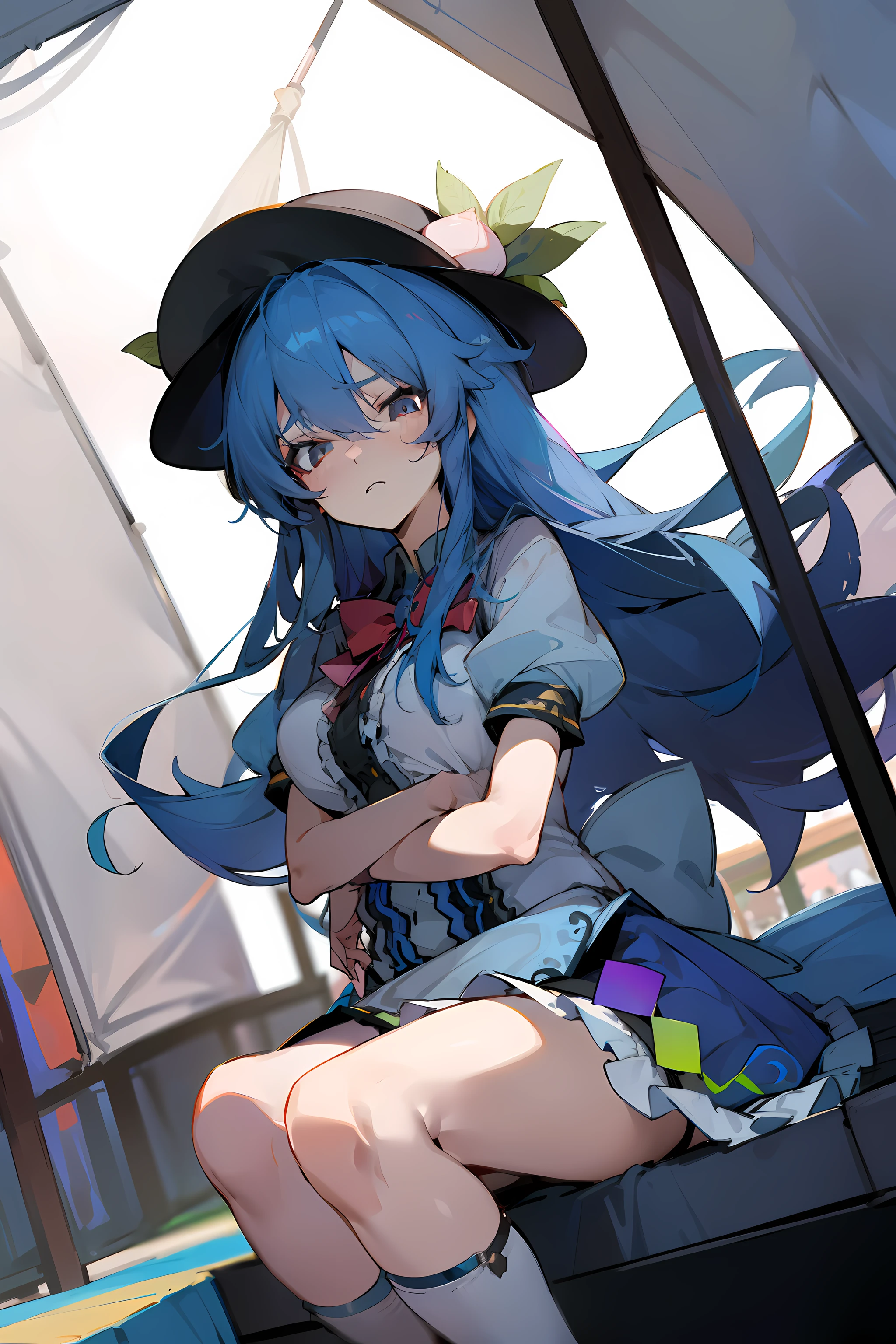 (masterpiece),best quality, expressive eyes, perfect face,w sitting, w sitting on ground, legs on ground, 1girl,
big breast, H-cup, good breast, crossing arms, beautiful, gorgeous,anime,girl,lora,hinanawi tenshi, blue hair, blue haired,tent boobs, tent chest, tent breast
