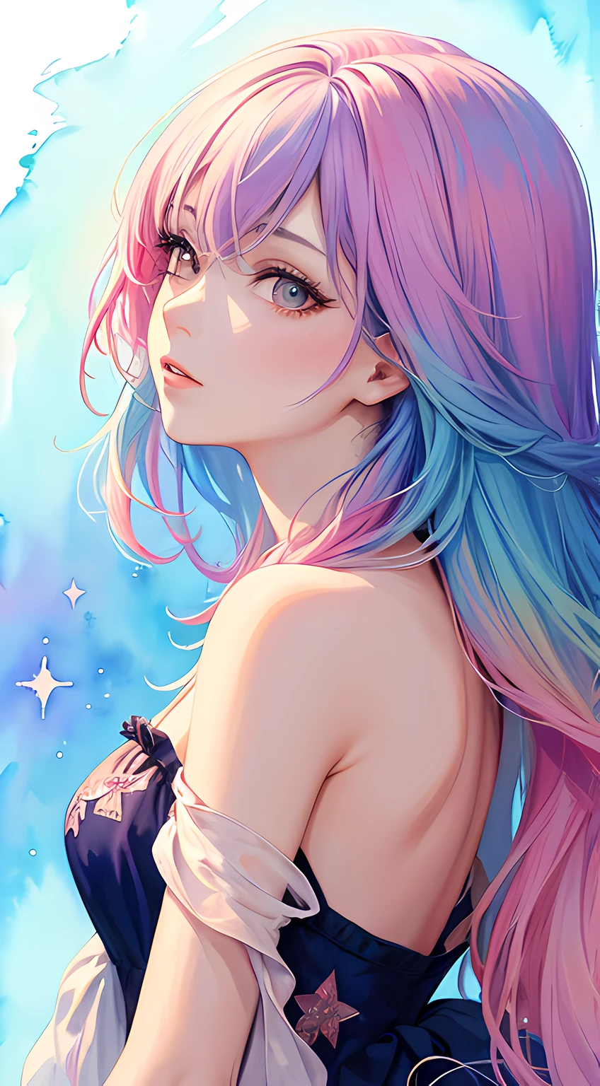 (masterpiece, top quality, best quality,watercolor (medium),official art, beautiful and aesthetic:1.2),(1girl:1.3), (fractal art:1.3),upper body, from side, looking at viewer,patterns,(rainbow color Hair,colorful hair,half blue and half pink hair:1.2),water,liquid, cloud,colorful, starry,stars,