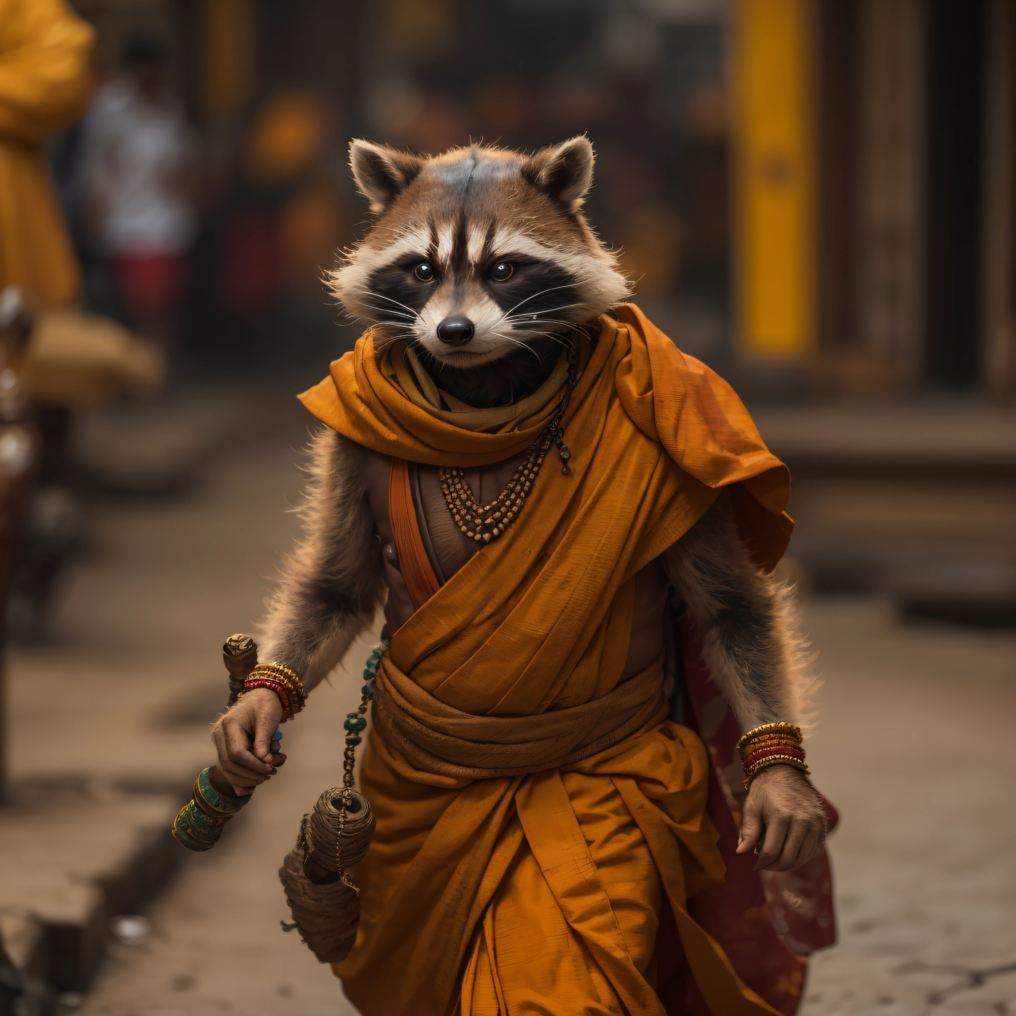 Rocket Raccoon, cinematic portrait photo of a very interesting Rocket Raccoon Wearing the saffron robes of a monk, Saffron clothes, Rudraksha beads, oblong water pot in hand (Kamandal), rudraksha in hand, walking in street of Banaras, eyes close up, highly detailed vfx portrait, taken with a full frame camera with a wild lens,