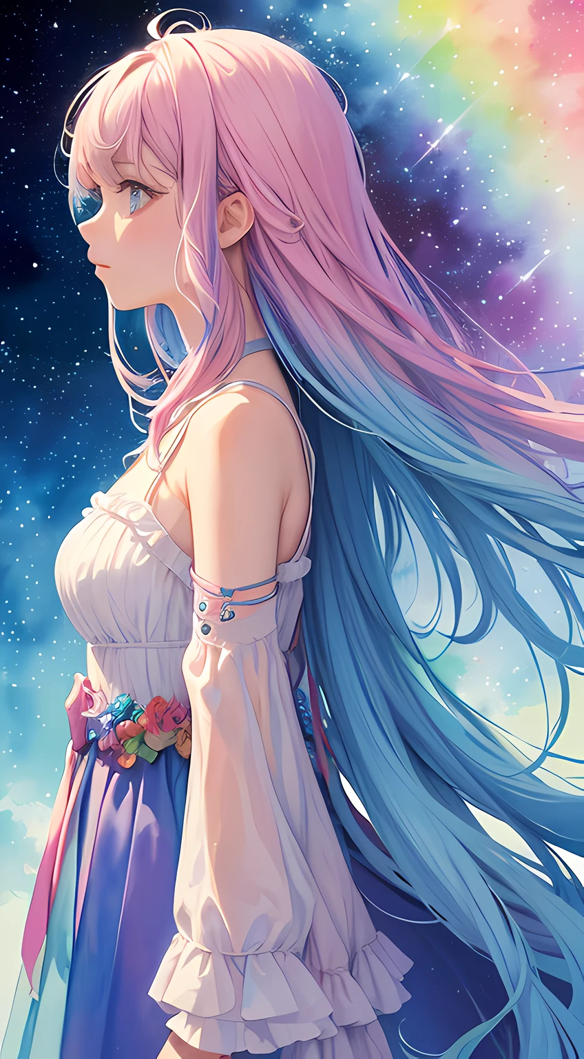 (masterpiece, top quality, best quality,watercolor (medium),official art, beautiful and aesthetic:1.2),(1girl:1.3), (fractal art:1.3),upper body, from side, looking at viewer,patterns,(rainbow color Hair,colorful hair,half blue and half pink hair:1.2),water,liquid, cloud,colorful, starry,stars,