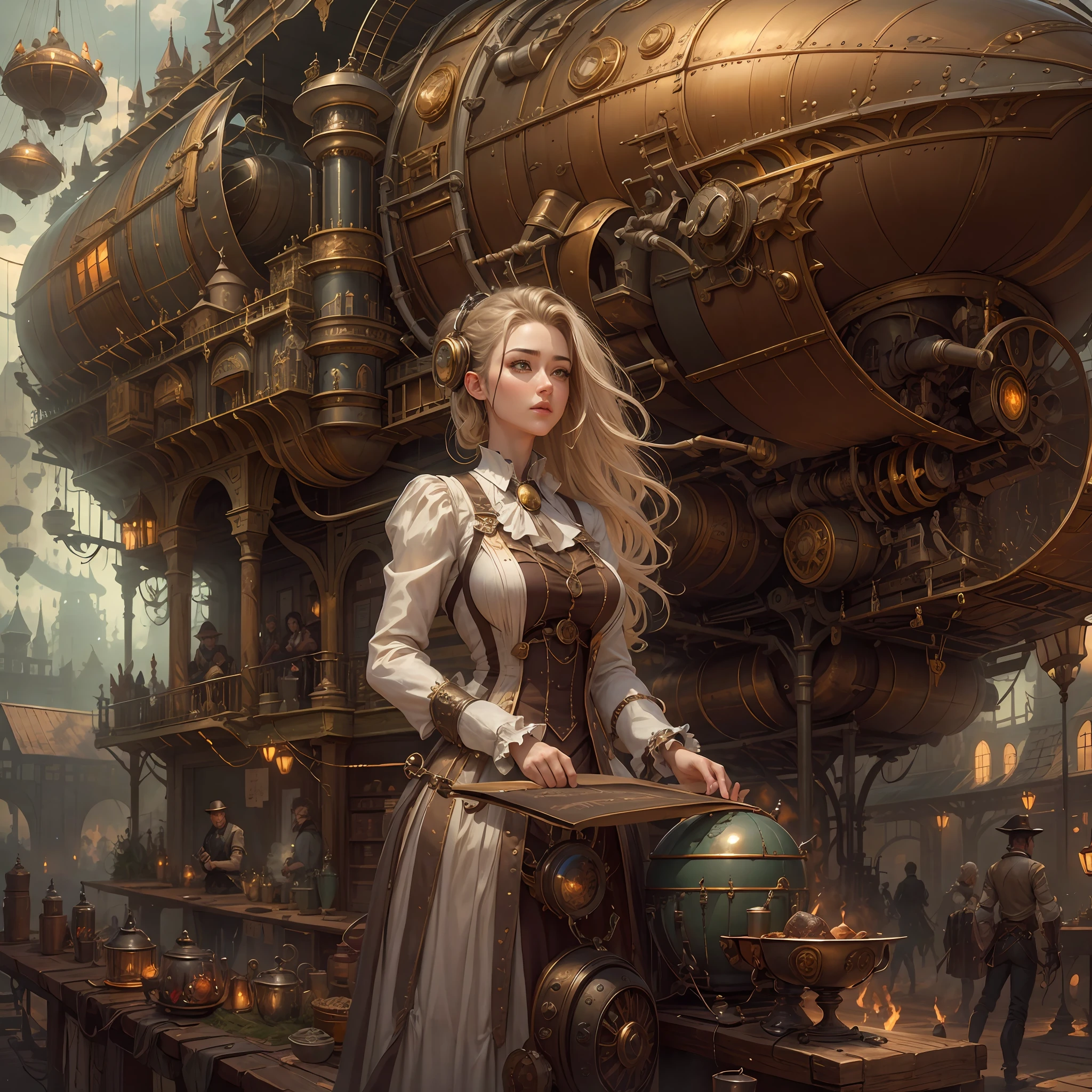 best qualtiy,tmasterpiece,超高分辨率,(realisticlying:1.4),absurderes,(1 young couple repairing an airship in the manor,(Eye focus),sface focus, Clear facial features),(koh_amberheard:0.8),1 best long shot photo of Mechanical Airship Manor,Fantasy sci-fi vehicles,hyper realisitc,steampunc,Complex design,insanely details,finely detailled,Steampunk AI,1 couple doing business on the estate