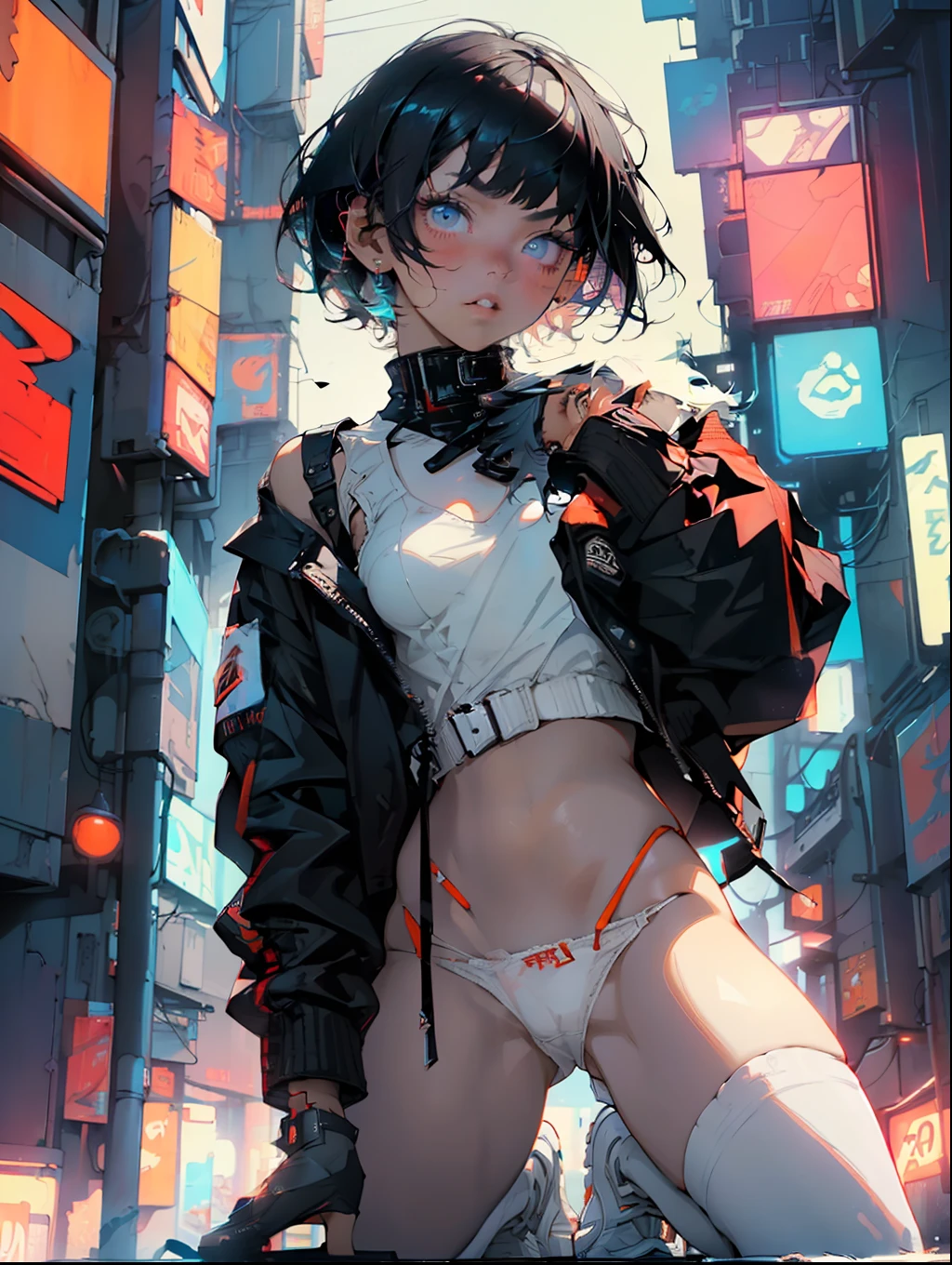 ((NSFW)), masterpiece, Best quality, Ultra high definition, Maximum resolution, Very detailed, Professional lighting, anime, (((single girl))), (slender), very cute, 1girl, 12 year age, (((hairy pubis ))), ((very short bobcut hair)) jetblack hair, ((cyberpunk vibes)) (((White footwear))) high socks, suspenser tigths, straps, (downed detailed cotton panty)  Iigthparticles, cyber city, looking awayr, ((blue dark school sailor costume)) (((red ribbon))), thin body, city samurais in background, orange neon backlighting, whole body, pose, (((nigth city))) ((((at the top of a building)))) ((((jacket)))) (((deep blue and orange palette))) ((((Depth of field)))) (((cyberpunk city))) (dynamic shot) (((iluminated by neon haze ambient))) (((sordid ambien))) (((sexual inuendo)))