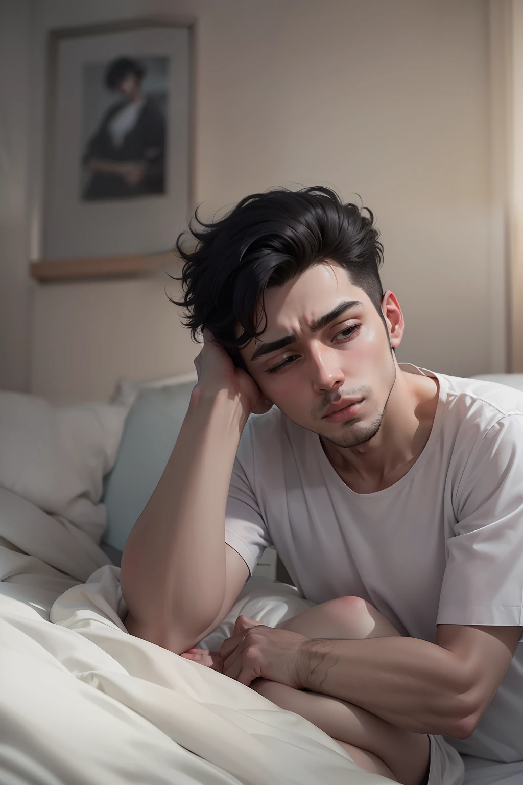 Ultra realistic image of a 25 year old man, short black hair, dressed in a plain white blouse, very sad and depressed, lying in bed, looking at the bedside table