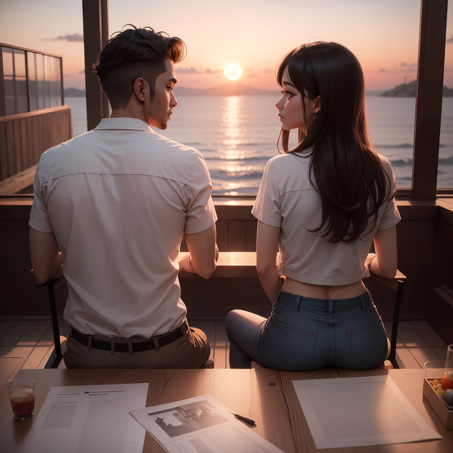 Couple seating,enjyo sunset,carton, realistic,4k,