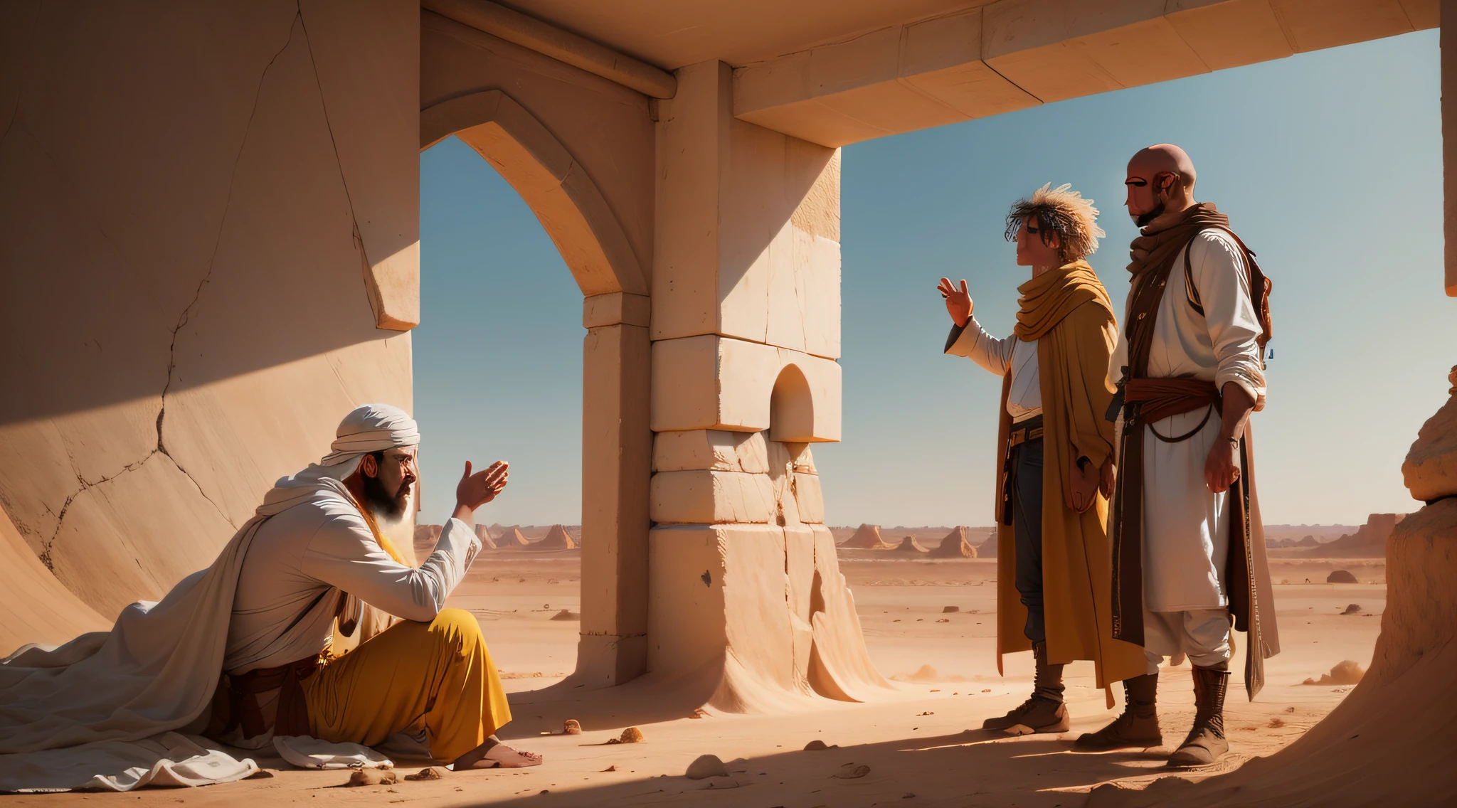 pessoas gigantes com cabelos claros no deserto