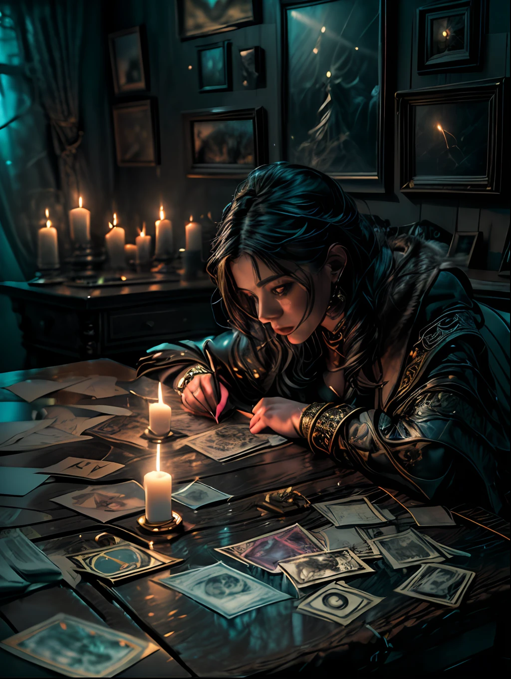 (masterpiece, high resolution:1.3), (photo of a woman in her dark and mysterious environment:1.2), (Sony Alpha 1 camera, renowned for capturing exceptional detail and low-light performance:1.2), (paired with the Sony FE 24-70mm f/2.8 GM lens for a versatile and sharp composition:1.2), (the woman surrounded by an aura of mystery and intrigue:1.1), (her dark clothing and enigmatic expression adding to the atmosphere:1.1), (Sony Alpha 1 camera capturing the intricate textures and subtle shades in the low-light setting:1.2), (a table adorned with tarot cards, spread out in a mystic formation:1.1), (candles flickering, casting dancing shadows around the room:1.1), (the dim lighting adding to the ambiance of secrecy and mysticism:1.1), (the woman's eyes focused on the cards, as if seeking answers from the unknown:1.1), (a crystal ball nearby, adding to the mystical setting:1.1), (symbols of astrology and esoteric knowledge decorating the room:1.1), (a hint of incense in the air, adding to the sensory experience:1.1), (the photo capturing the woman's connection with the spiritual world and her mysterious aura:1.1), (a moment frozen in time, capturing the intense and introspective atmosphere of divination:1.1), (an image that invites viewers into a world of magic and spiritual insight, leaving them intrigued and curious:1.1), Cinematic, Hyper-detailed, insane details, Beautifully color graded, Unreal Engine, DOF, Super-Resolution, Megapixel, Cinematic Lightning, Anti-Aliasing, FKAA, TXAA, RTX, SSAO, Post Processing, Post Production, Tone Mapping, CGI, VFX, SFX, Insanely detailed and intricate, Hyper maximalist, Hyper realistic, Volumetric, Photorealistic, ultra photoreal, ultra-detailed, intricate details, 8K, Super detailed, Full color, Volumetric lightning, HDR, Realistic, Unreal Engine, 16K, Sharp focus, Octane render